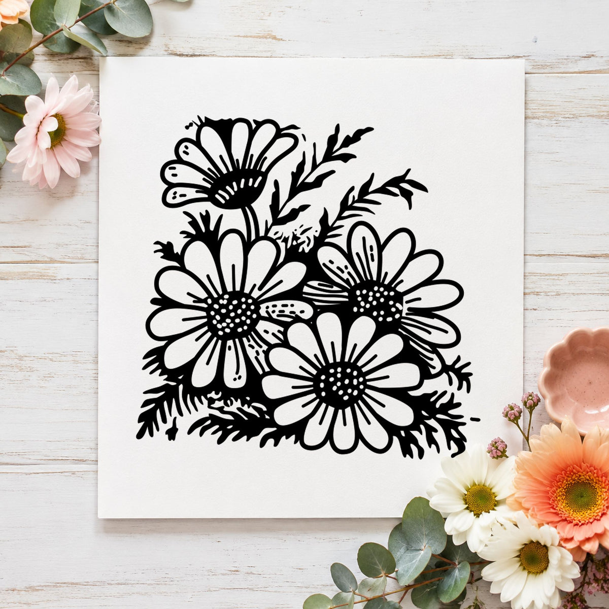 Black impression from a daisy bouquet stamp, featuring the four daisy blooms design on white paper.