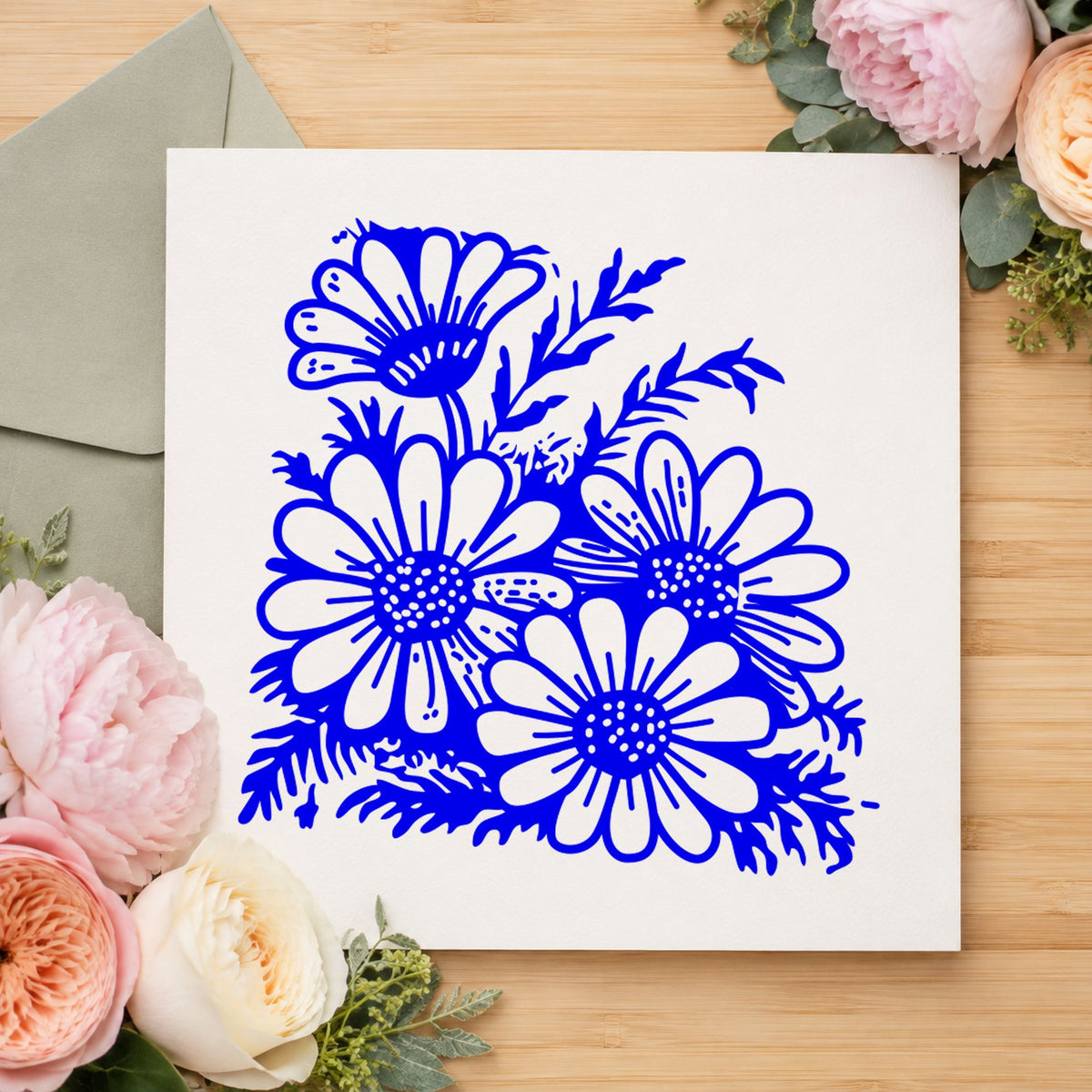 Blue spring floral stamp impression featuring the four daisy blooms design on white paper.