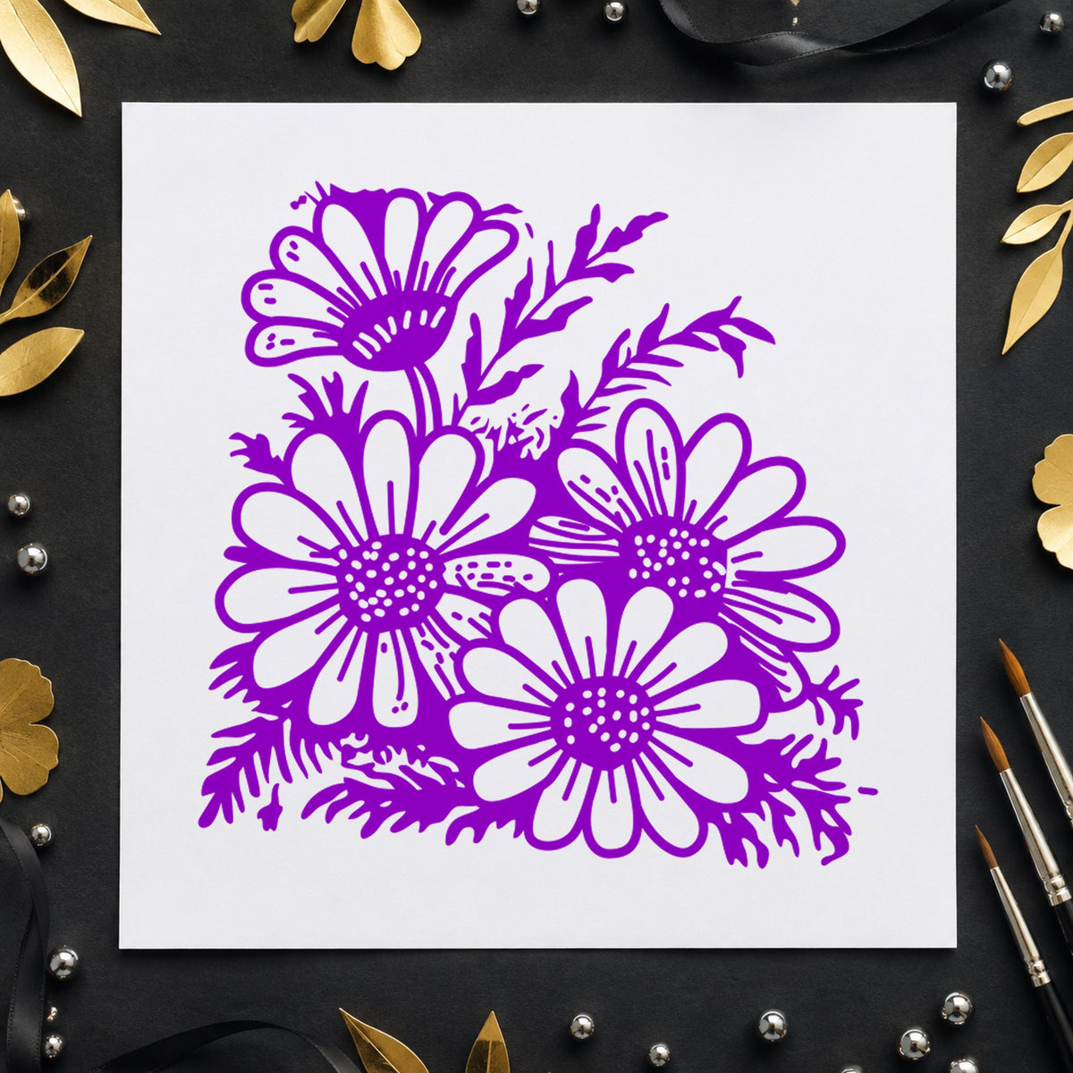 Four Daisy Blooms Rubber Stamp impression in purple ink on white paper in a styled craft setting.