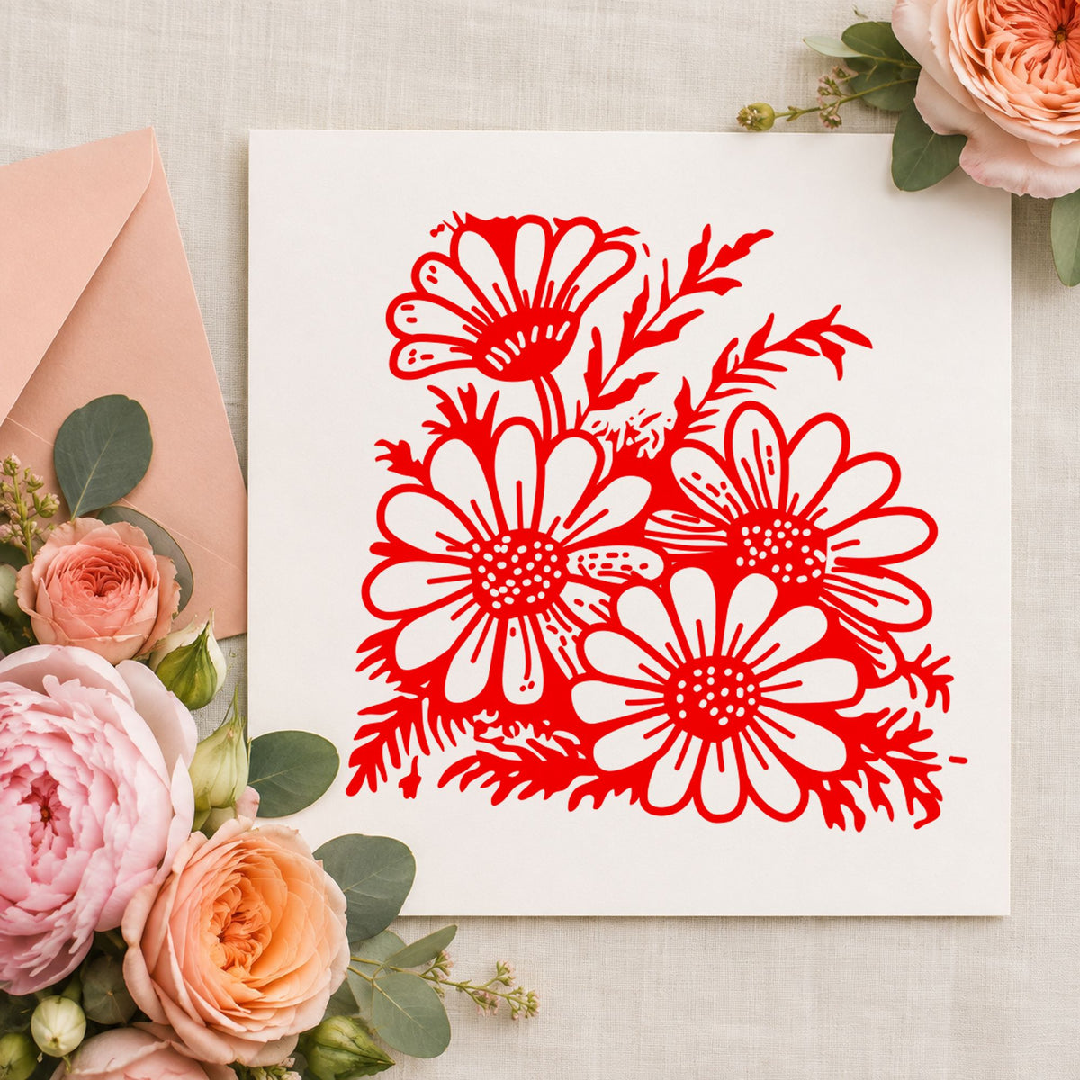 Four Daisy Blooms Rubber Stamp impression in red ink on white paper in a styled craft setting.