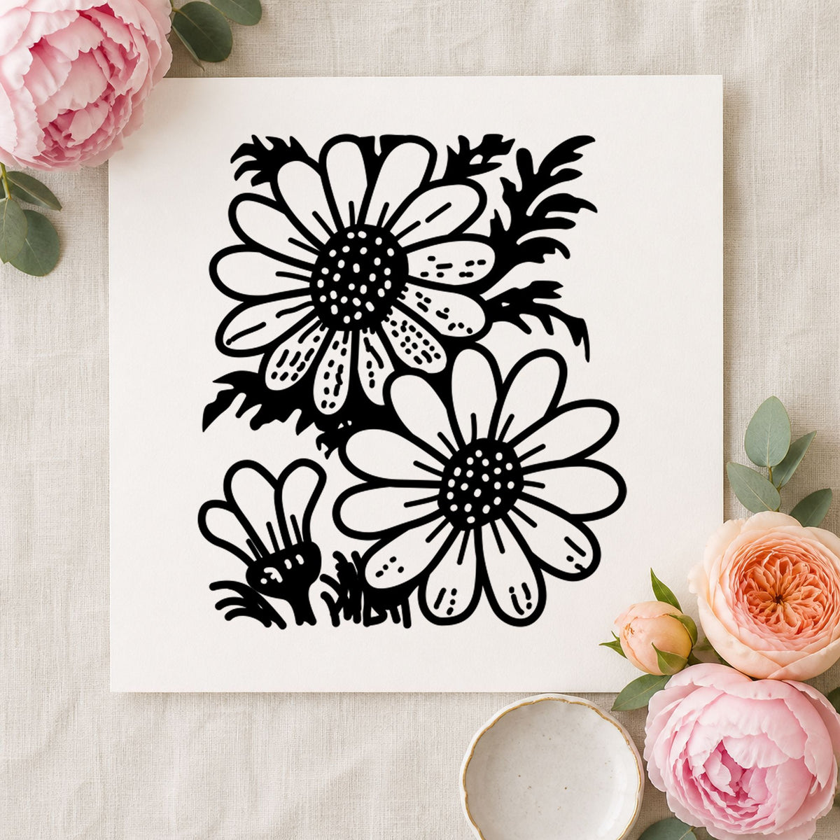 2 Daisies Art Rubber Stamp in use 1