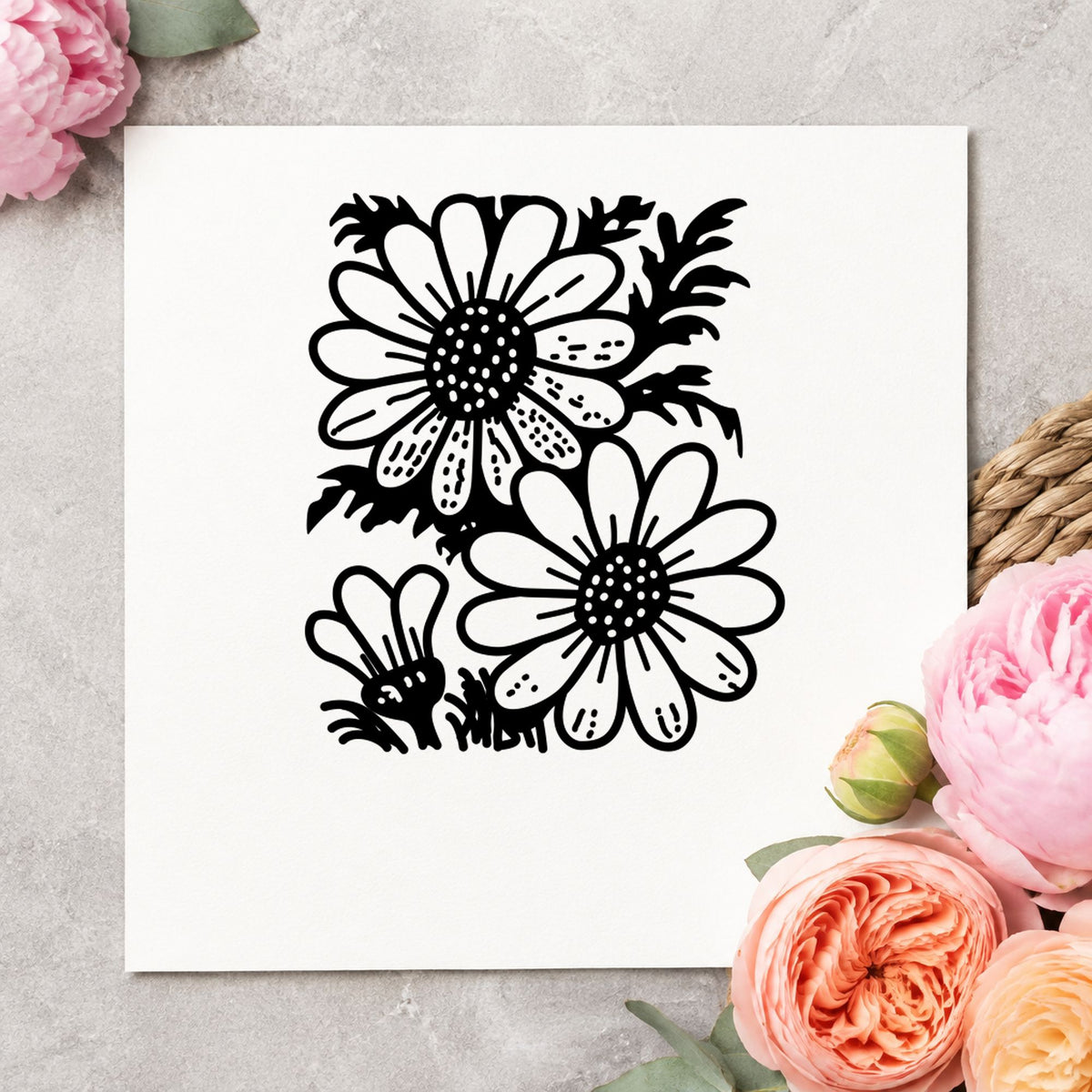 2 Daisies Art Rubber Stamp in use 2