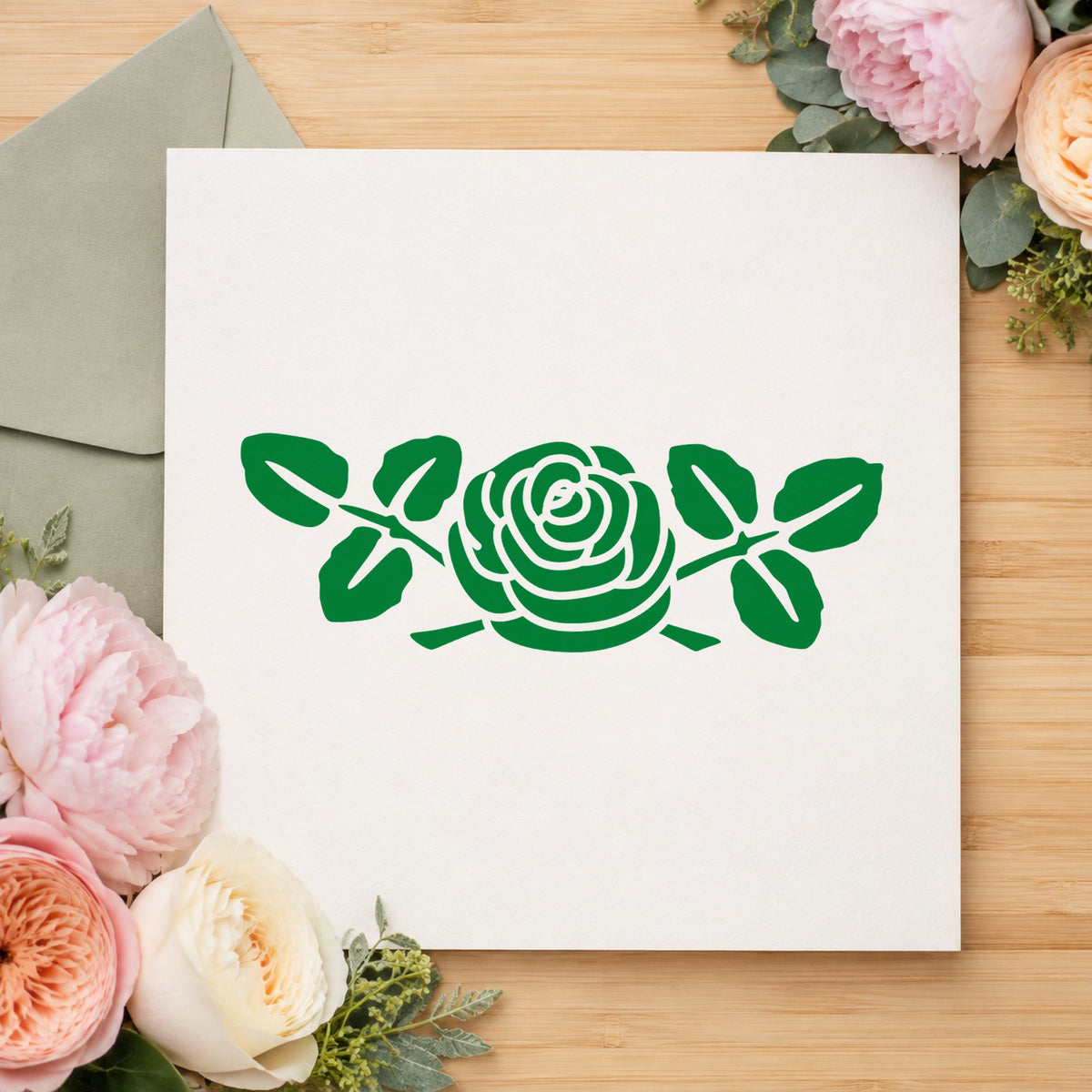 Rose Flower Rubber Stamp Large impression in green ink on white paper in a styled craft setting.