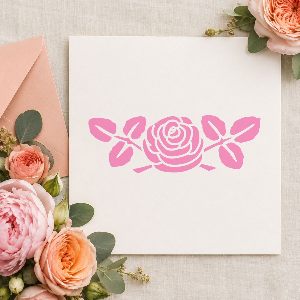 Rose with Leaves Rubber Stamp Small impression in pink ink on white paper in a styled craft setting.