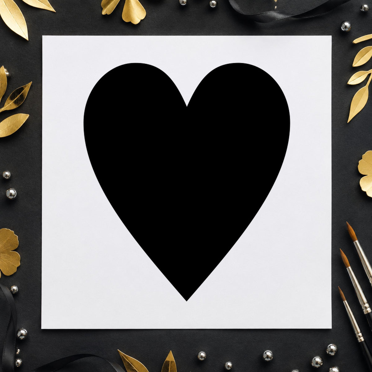 Playing Card Heart Rubber Stamp impression in black ink on white paper in a styled craft setting.