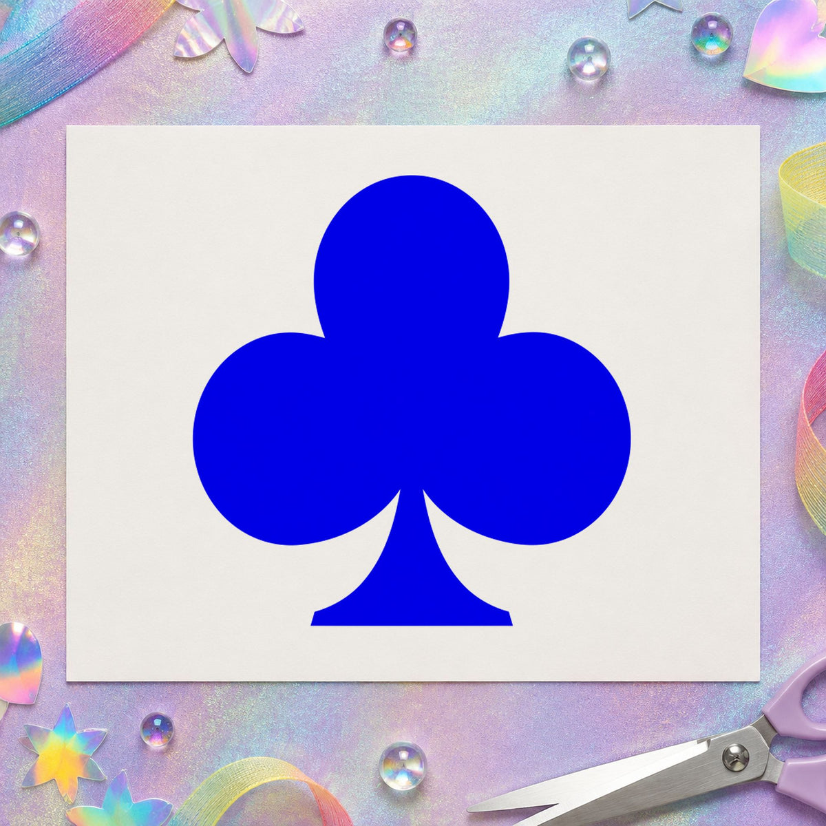 Blue card suit rubber stamp impression featuring the playing card club design on white paper.