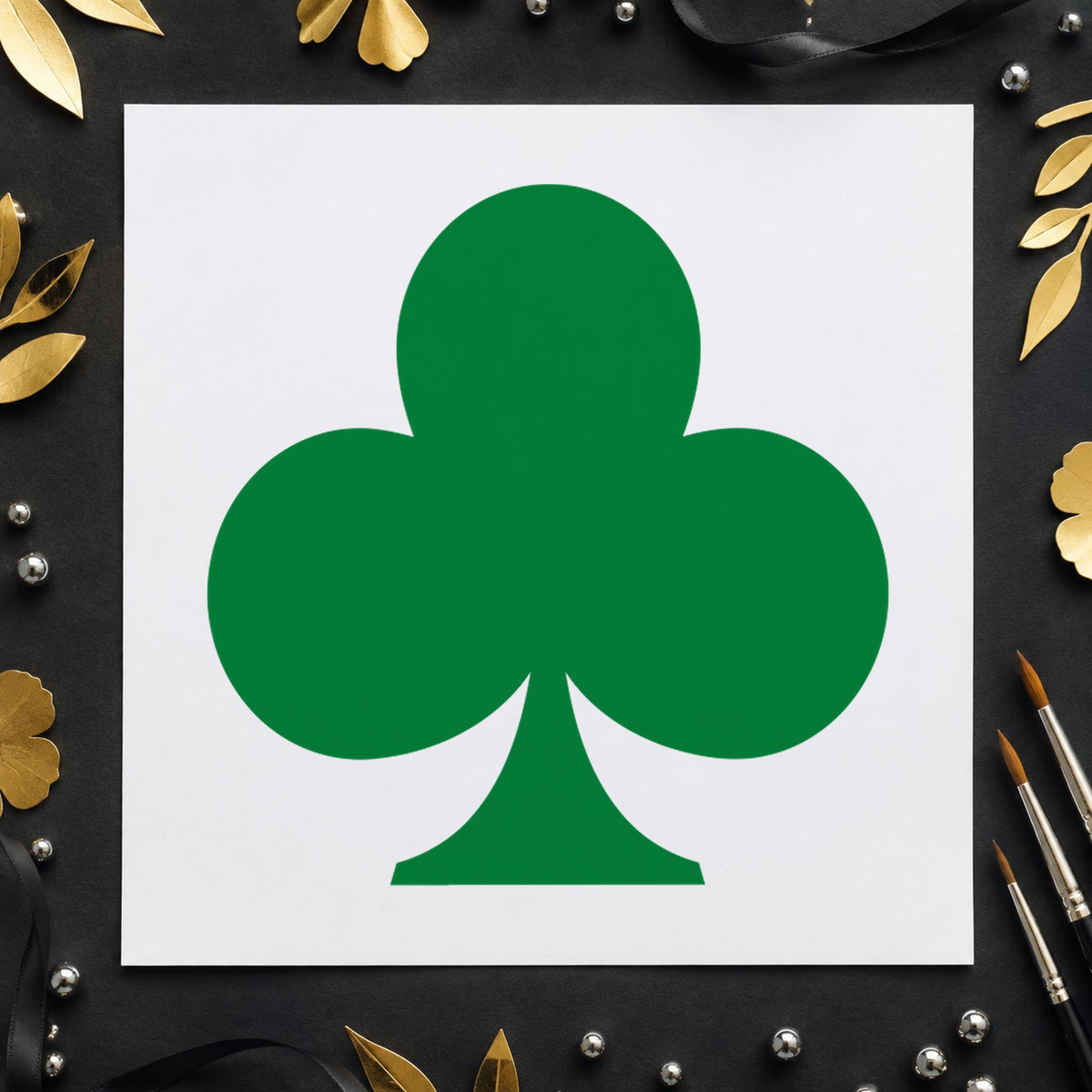 Playing Card Club Rubber Stamp impression in green ink on white paper in a styled craft setting.
