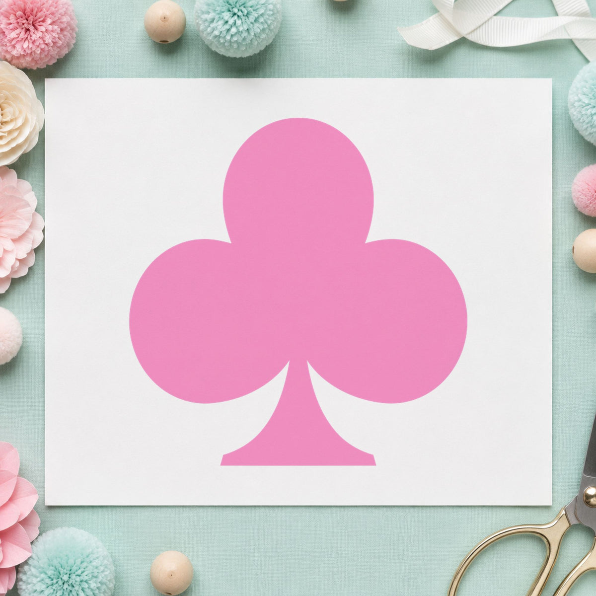 Playing Card Club Rubber Stamp impression in pink ink on white paper in a styled craft setting.