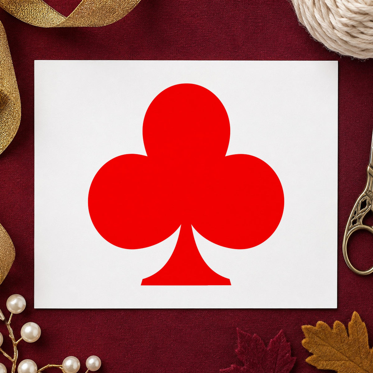 Playing Card Club Rubber Stamp impression in red ink on white paper in a styled craft setting.