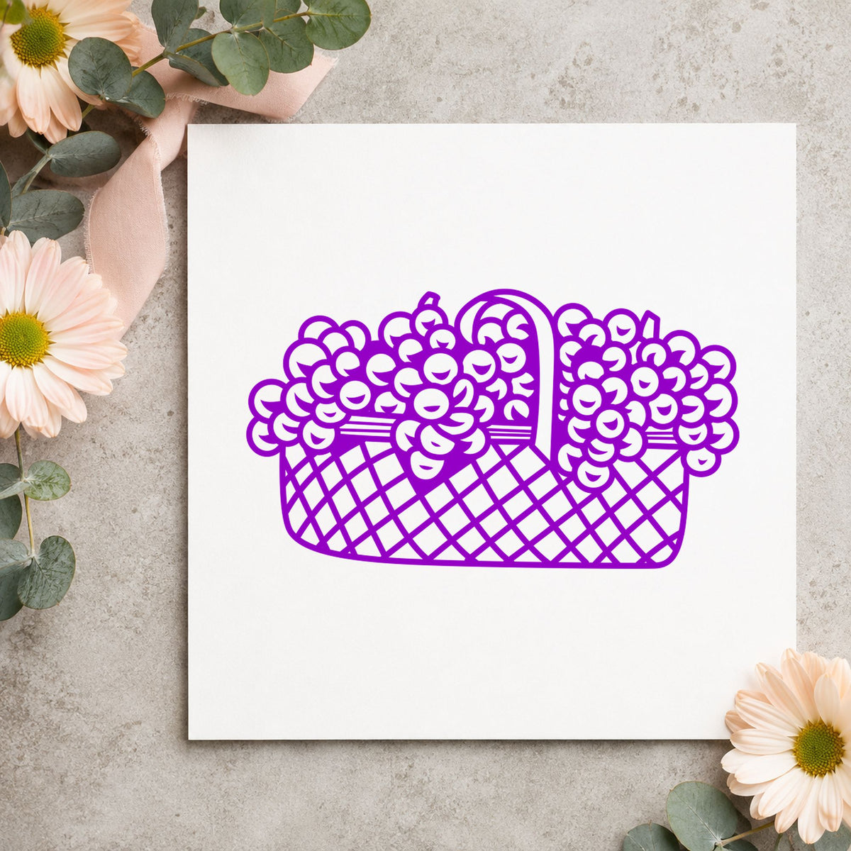 Basket of Flowers Rubber Stamp Large impression in purple ink on white paper in a styled craft setting.