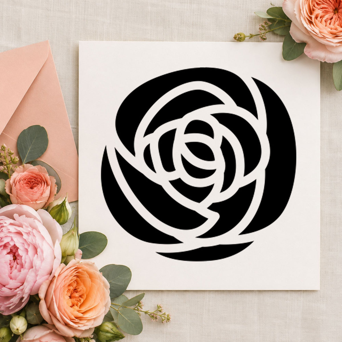 Single Solid Flower Rubber Stamp impression in black ink on white paper in a styled craft setting.