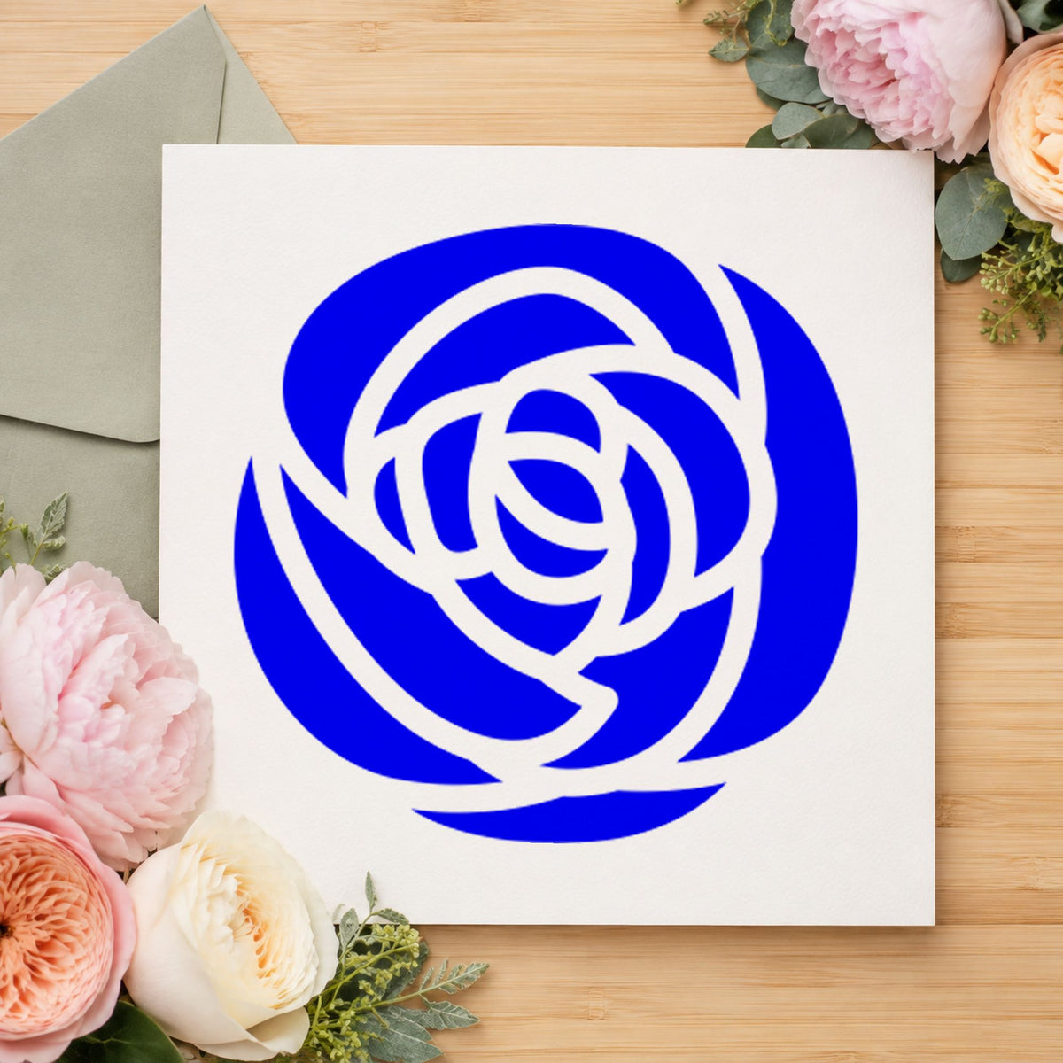 Blue flower craft stamp impression featuring the single solid flower design on white paper.