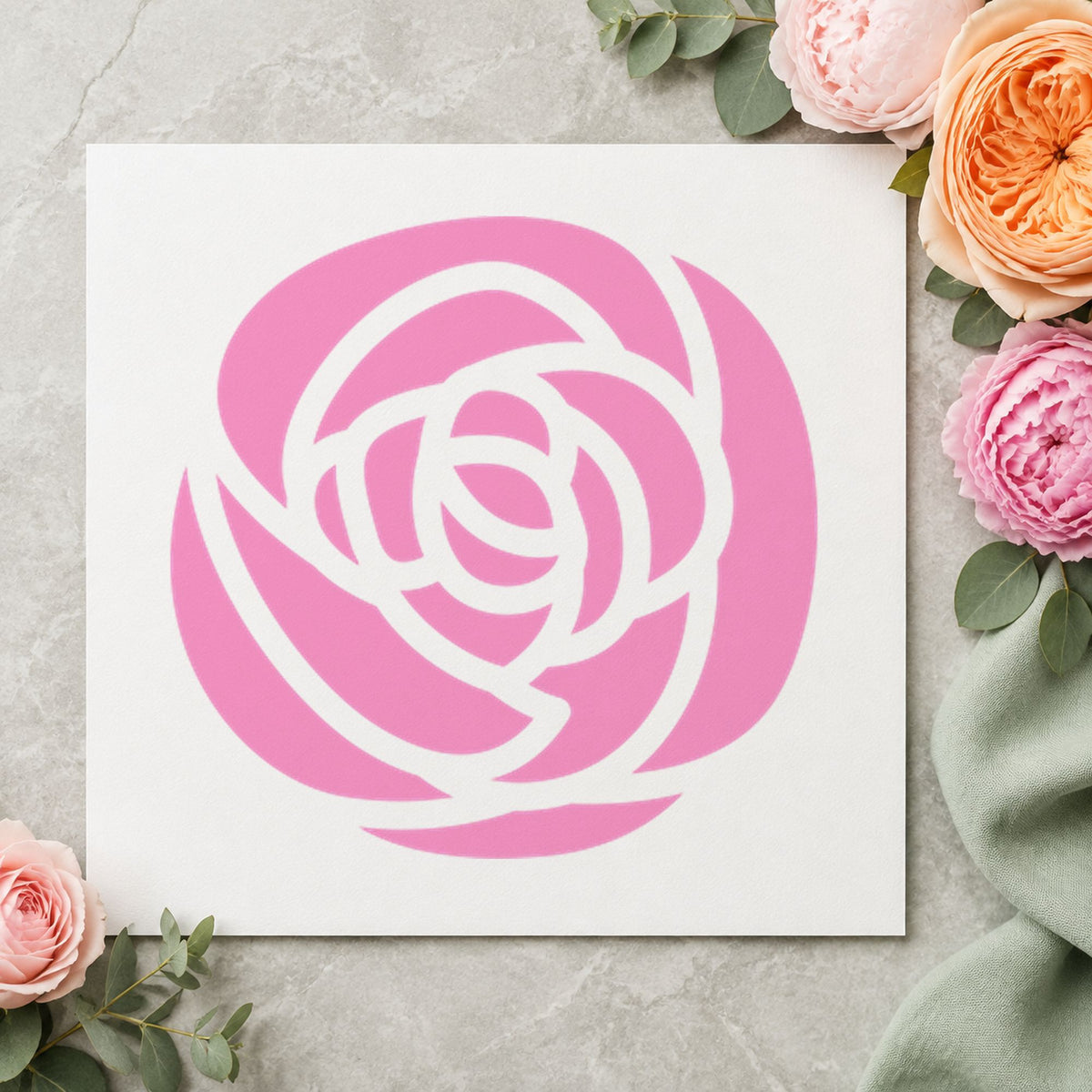 Single Solid Flower Rubber Stamp impression in pink ink on white paper in a styled craft setting.