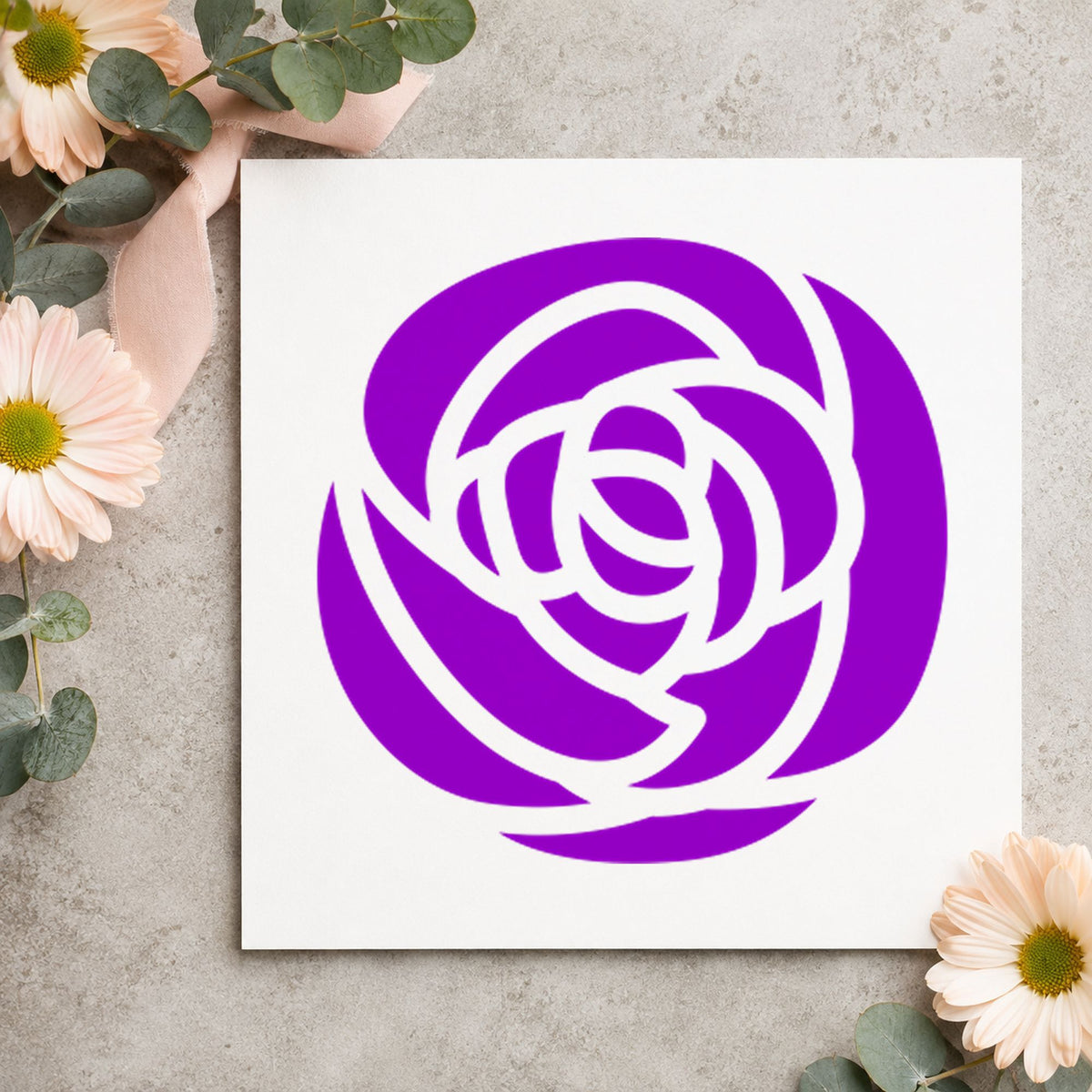 Single Solid Flower Rubber Stamp impression in purple ink on white paper in a styled craft setting.