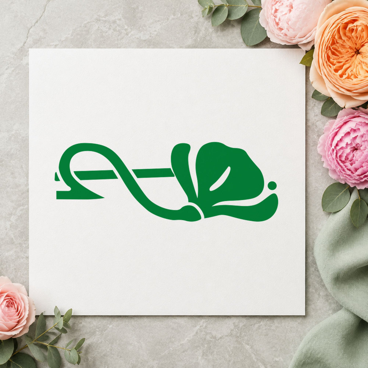 Right Single Flower Border Rubber Stamp impression in green ink on white paper in a styled craft setting.