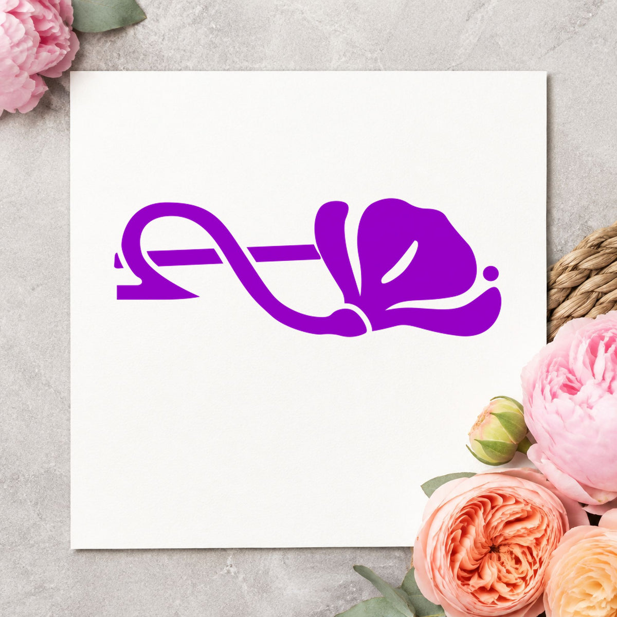 Right Single Flower Border Rubber Stamp impression in purple ink on white paper in a styled craft setting.