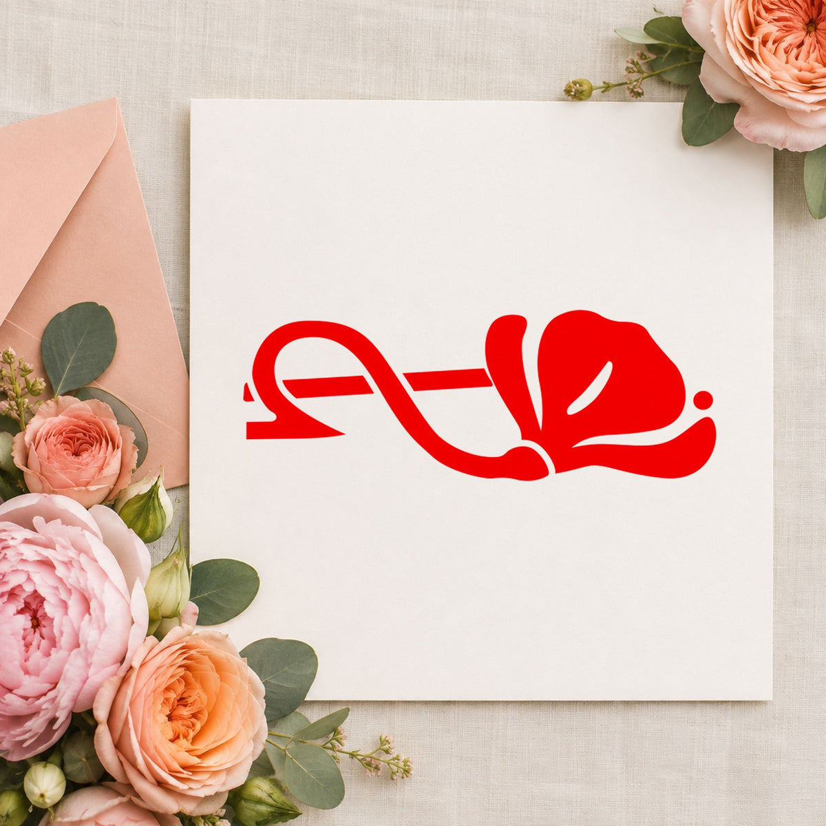 Right Single Flower Border Rubber Stamp impression in red ink on white paper in a styled craft setting.