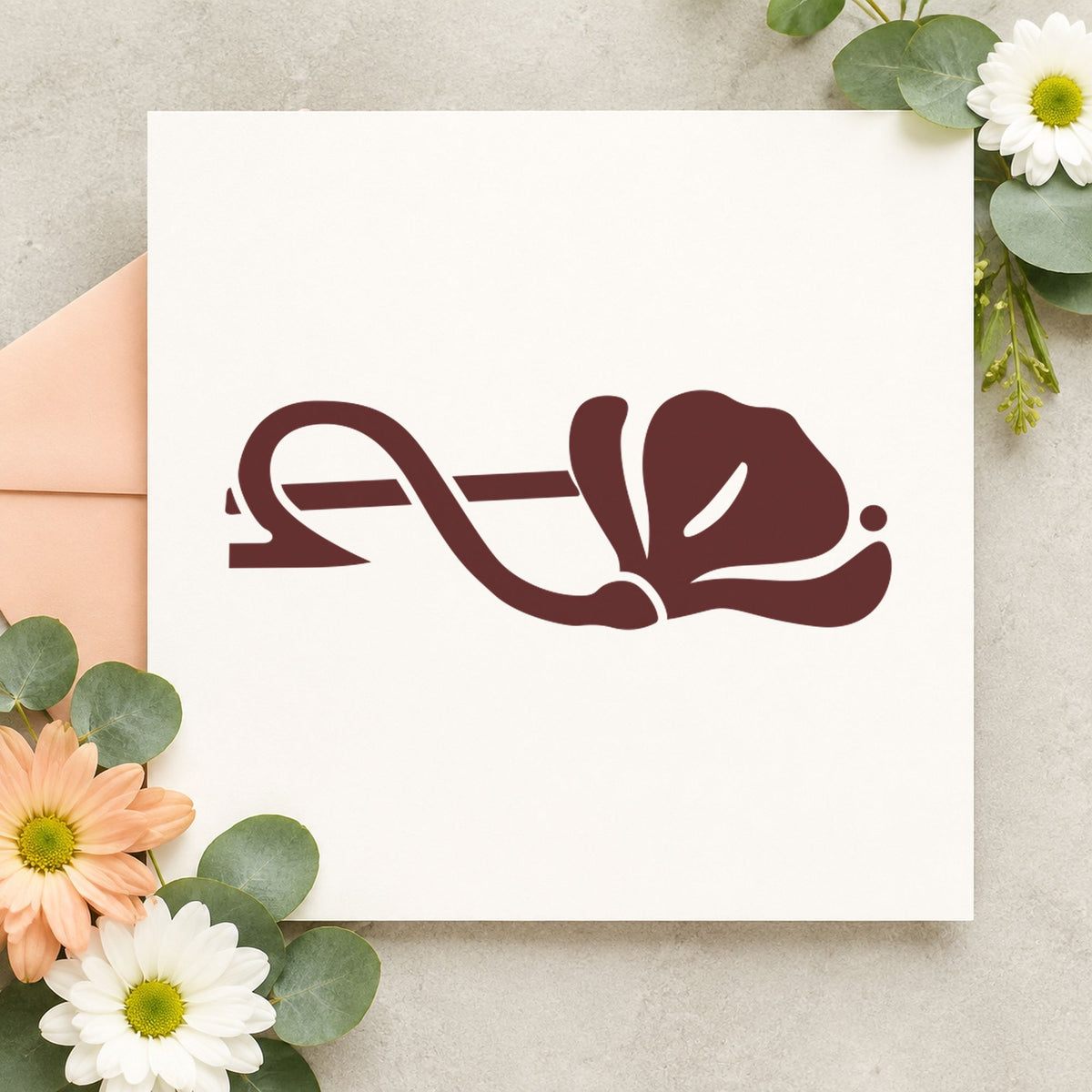 Right Single Flower Border Rubber Stamp impression in brown ink on white paper in a styled craft setting.