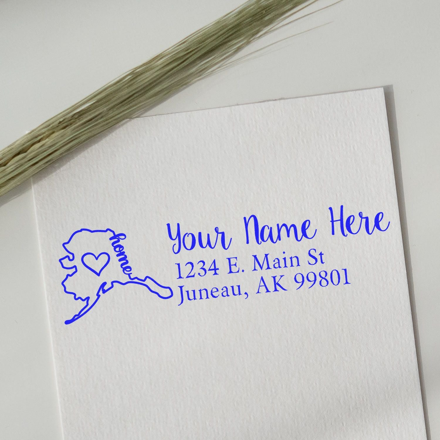 Custom Alaska return address rubber stamp with state outline, heart icon, and personalized name and mailing address.