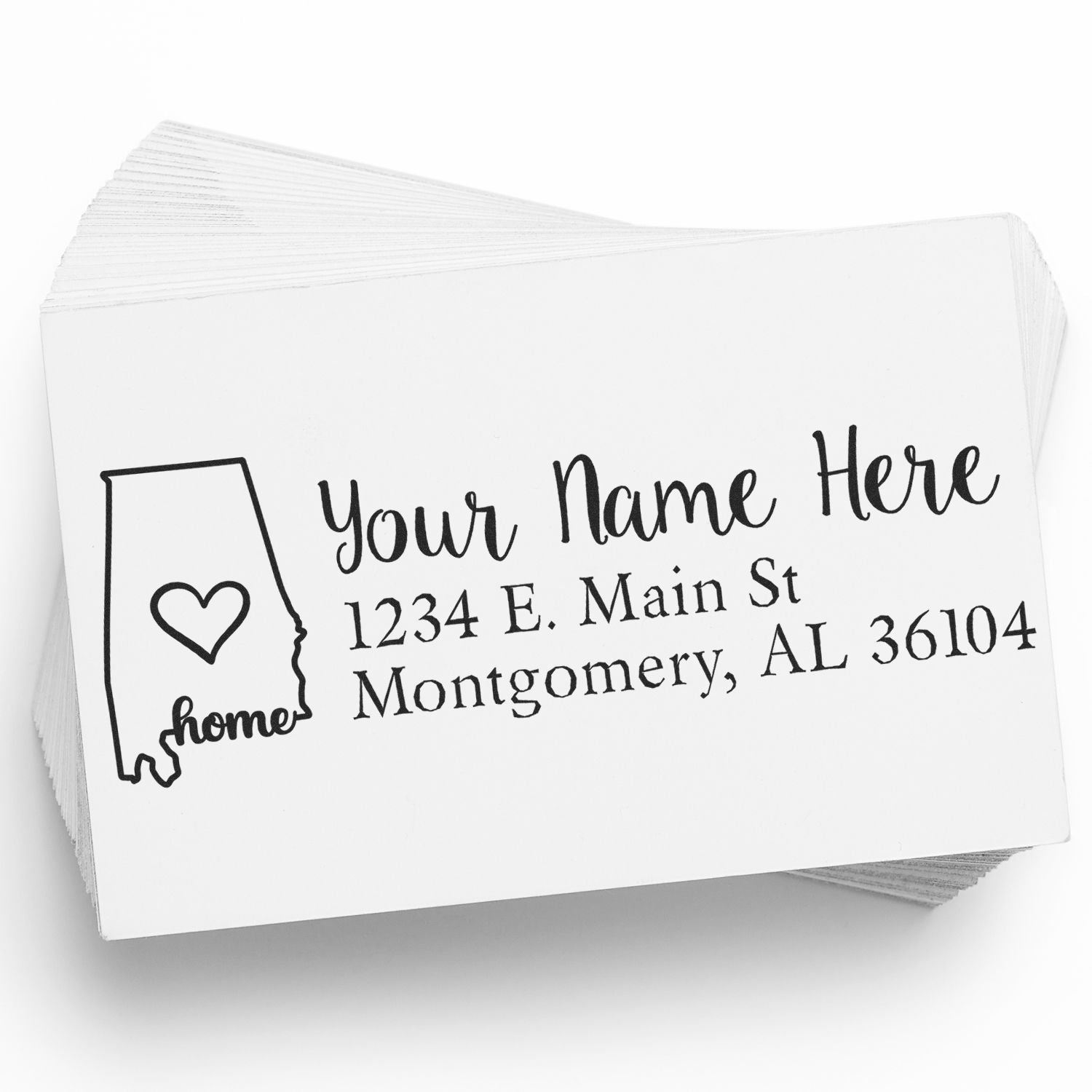 Custom Alabama address rubber stamp with home icon, heart, and personalized name and mailing address.