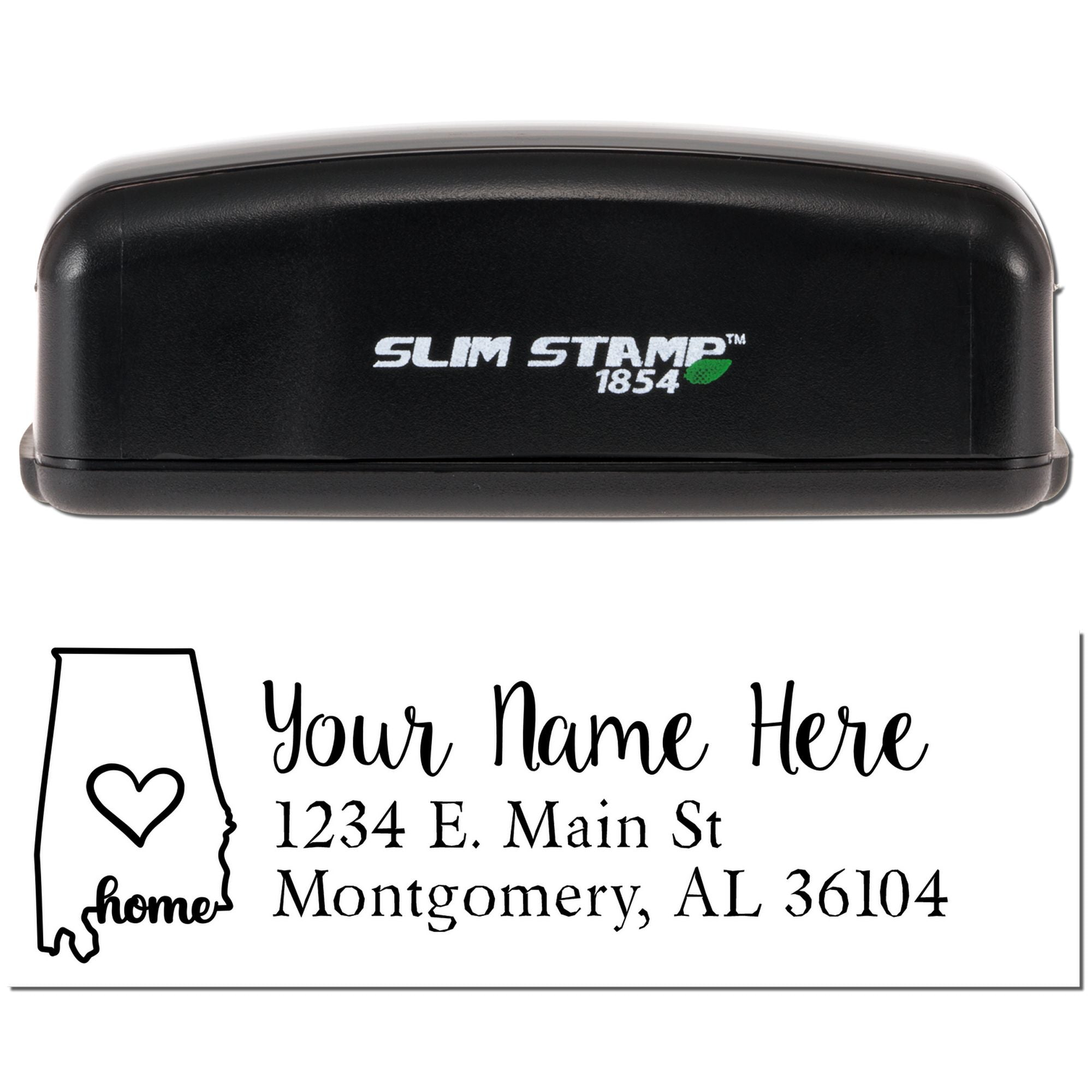 Custom return address rubber stamp with Alabama home design and Slim Stamp 1854 self-inking stamp case.