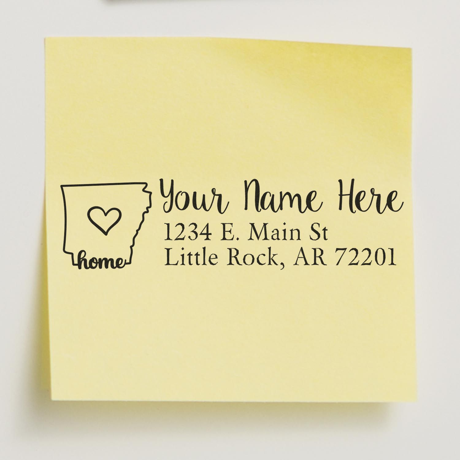 Custom Arkansas address rubber stamp with heart and home design for personalized return mail and stationery.