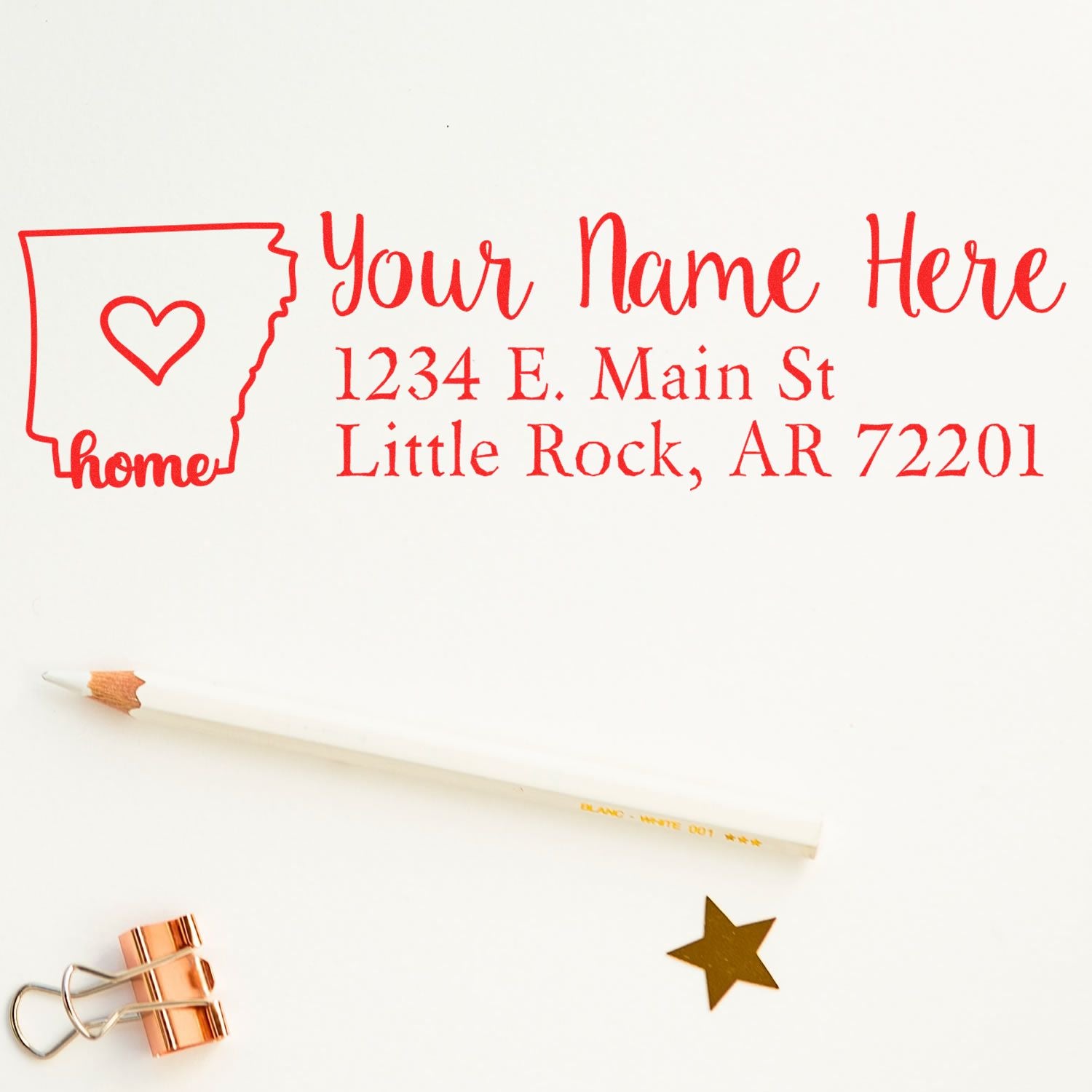 Custom home address rubber stamp with Arkansas outline and heart design, personalized with name and Little Rock, AR address.