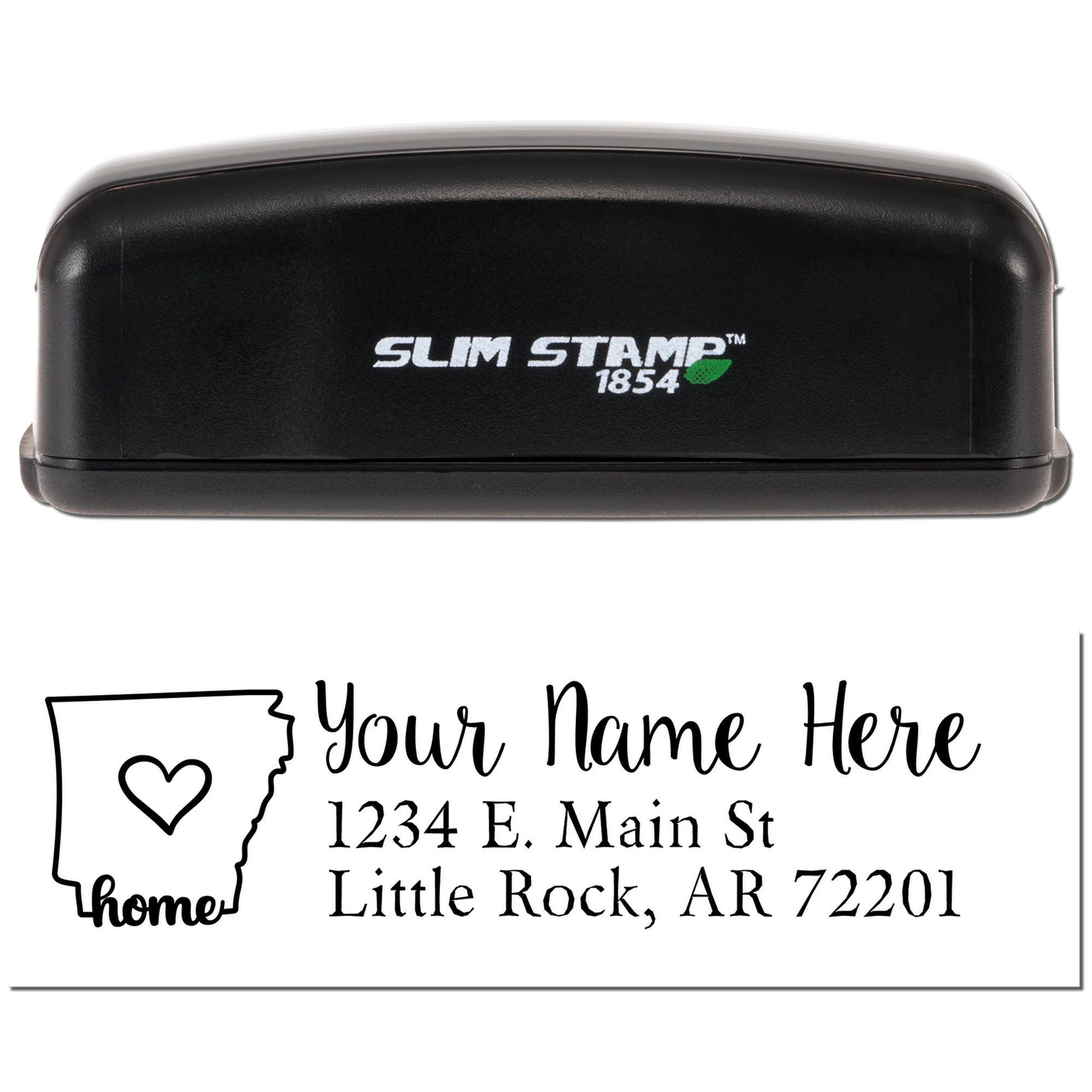 Custom self-inking Arkansas return address rubber stamp with heart home design and personalized Little Rock, AR address.