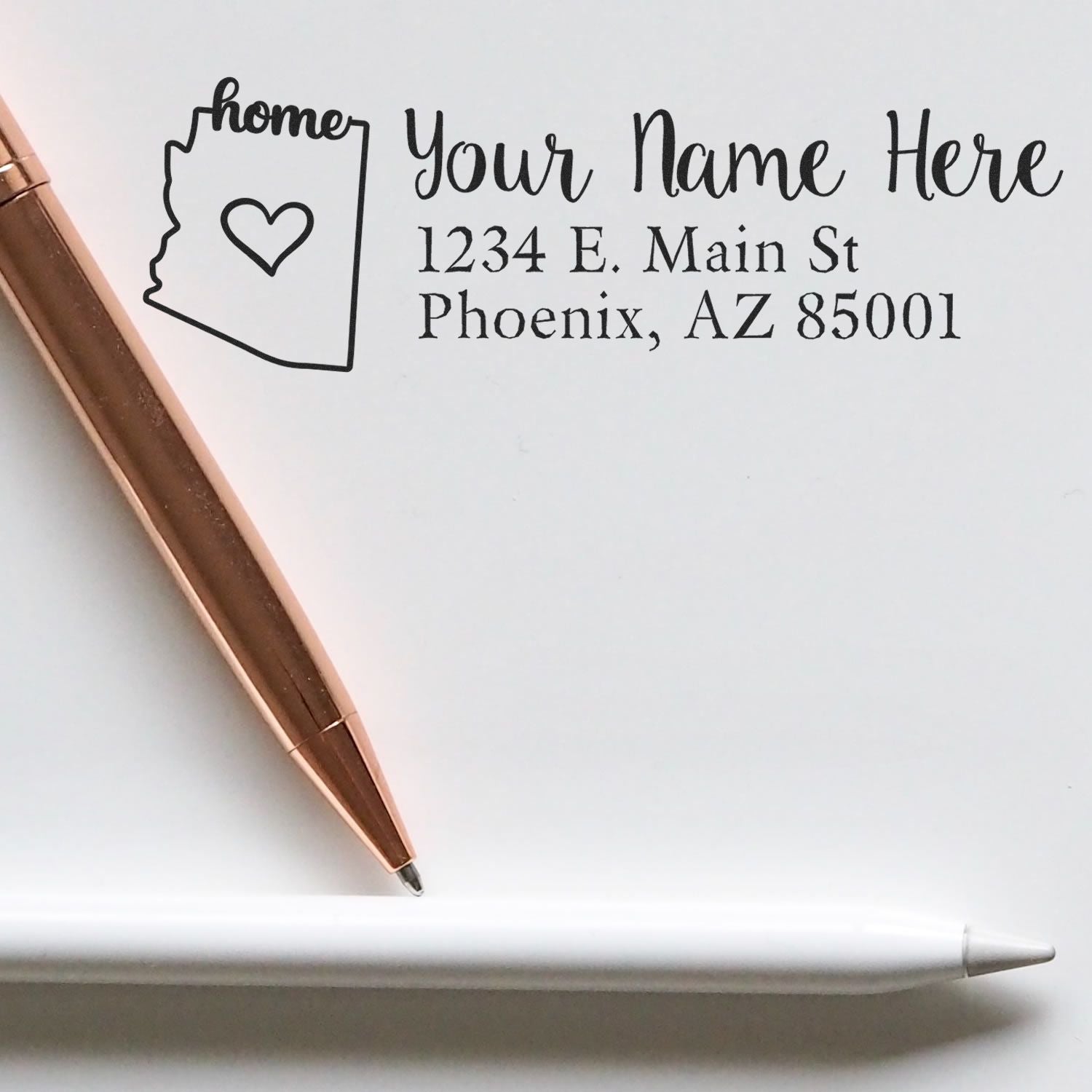 Personalized Arizona address rubber stamp with heart design, custom name, and Phoenix return address for mailing envelopes