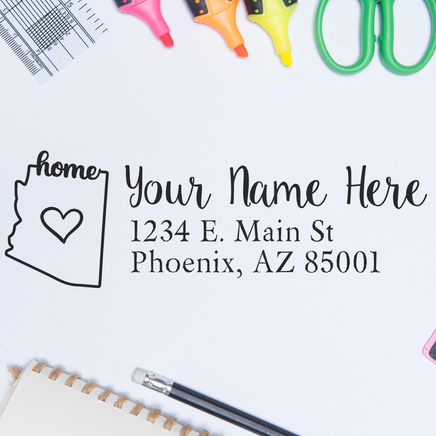 Personalized return address rubber stamp with Arizona home outline, heart icon, name placeholder, and mail-ready address.