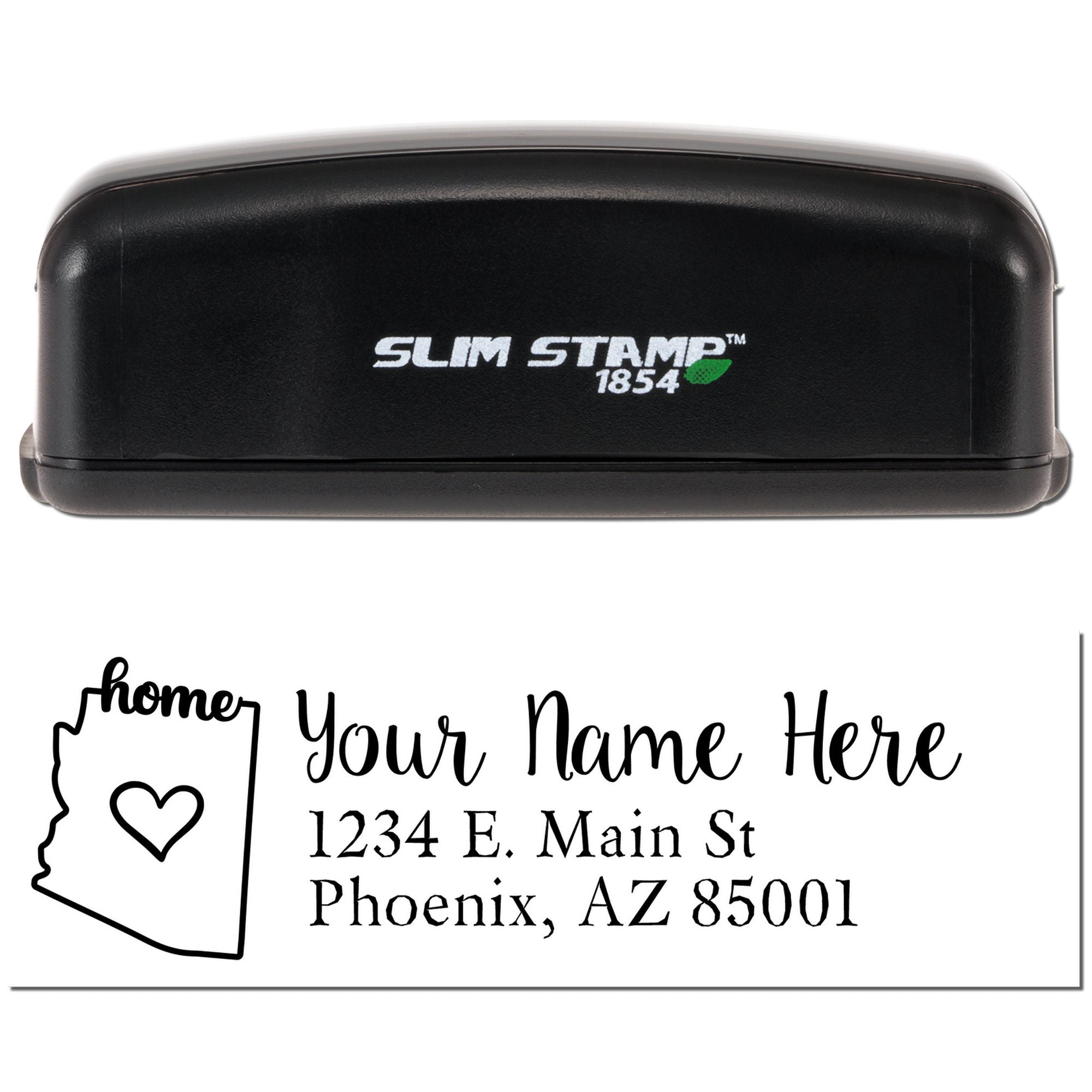 Slim Stamp 1854 self-inking rubber stamp with custom name and Phoenix, AZ return address impression.