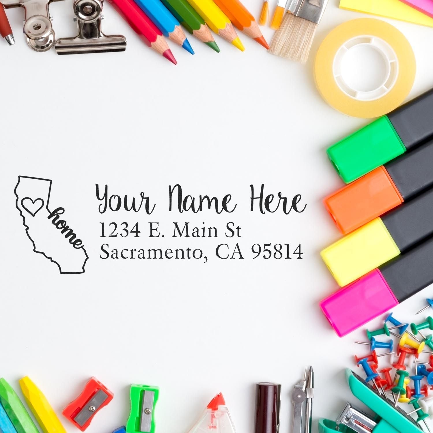Custom return address rubber stamp with California home icon, personalized name, and Sacramento mailing address.