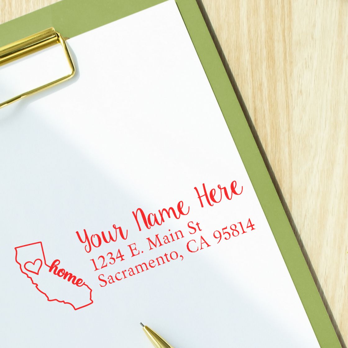 Personalized return address rubber stamp with California home icon and custom name and Sacramento, CA address.