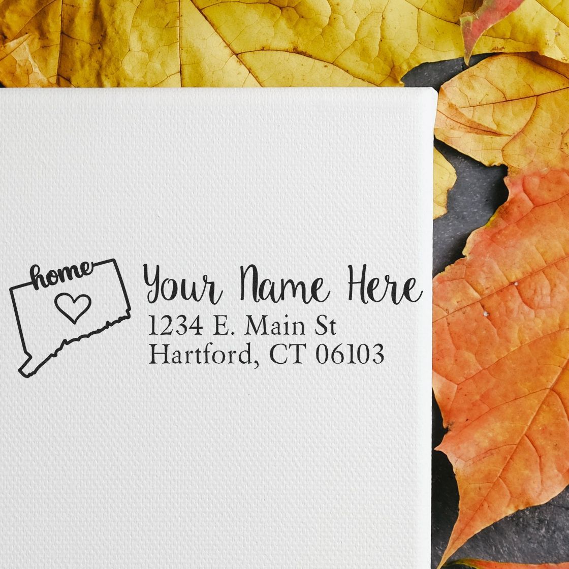Custom return address rubber stamp with state outline, personalized name and address for envelopes and wedding mail.
