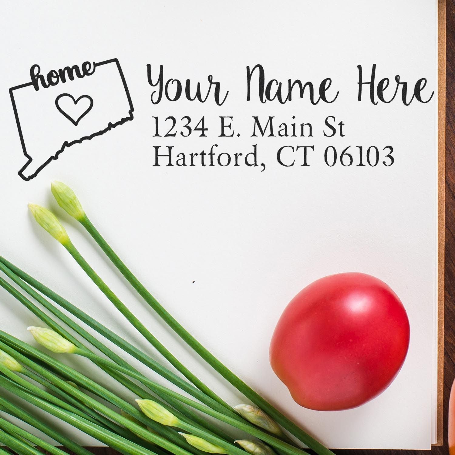 Custom Connecticut return address rubber stamp with home heart icon, name, and address for personalized stationery.