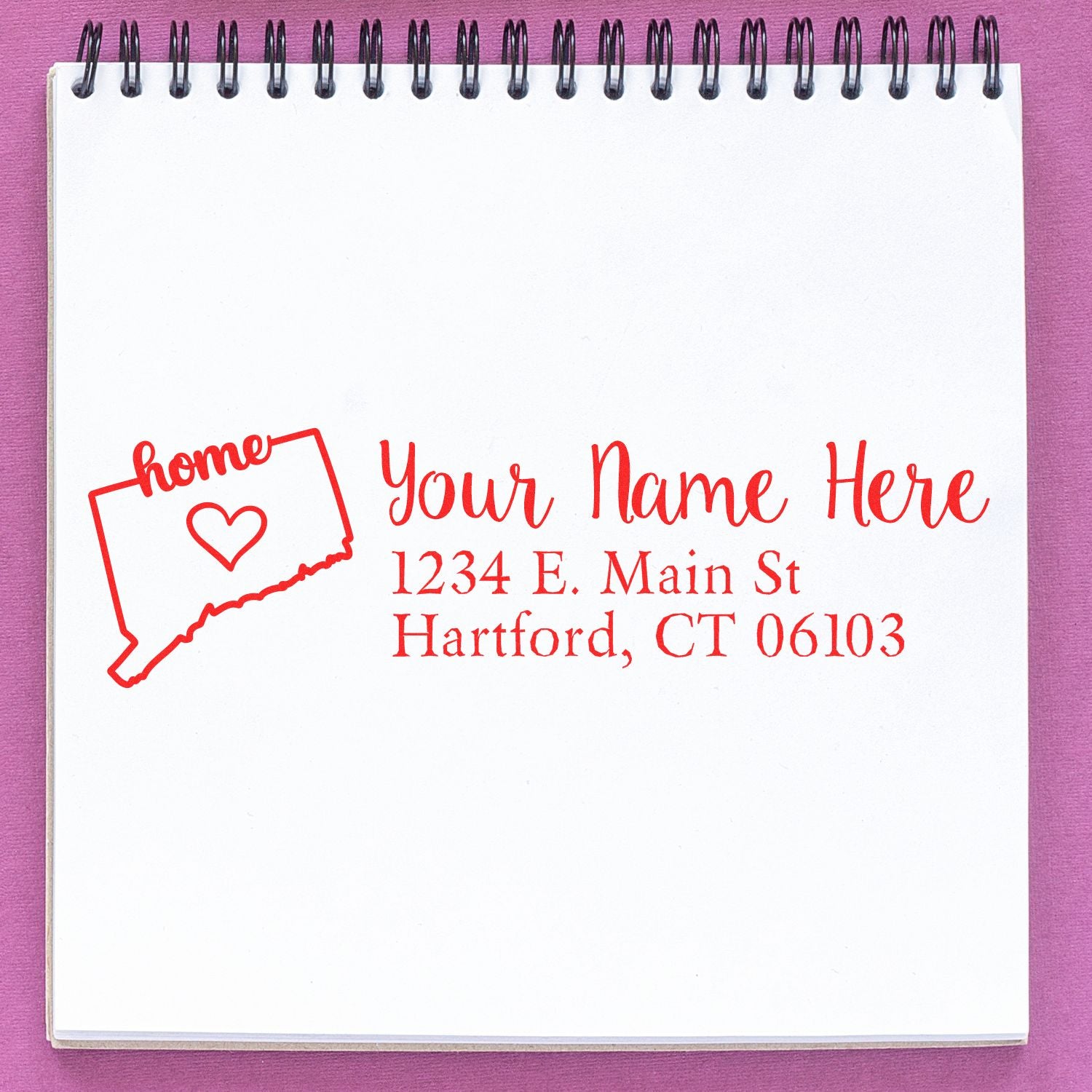 Custom rubber stamp return address design with Connecticut outline and heart, personalized name and Hartford, CT address.