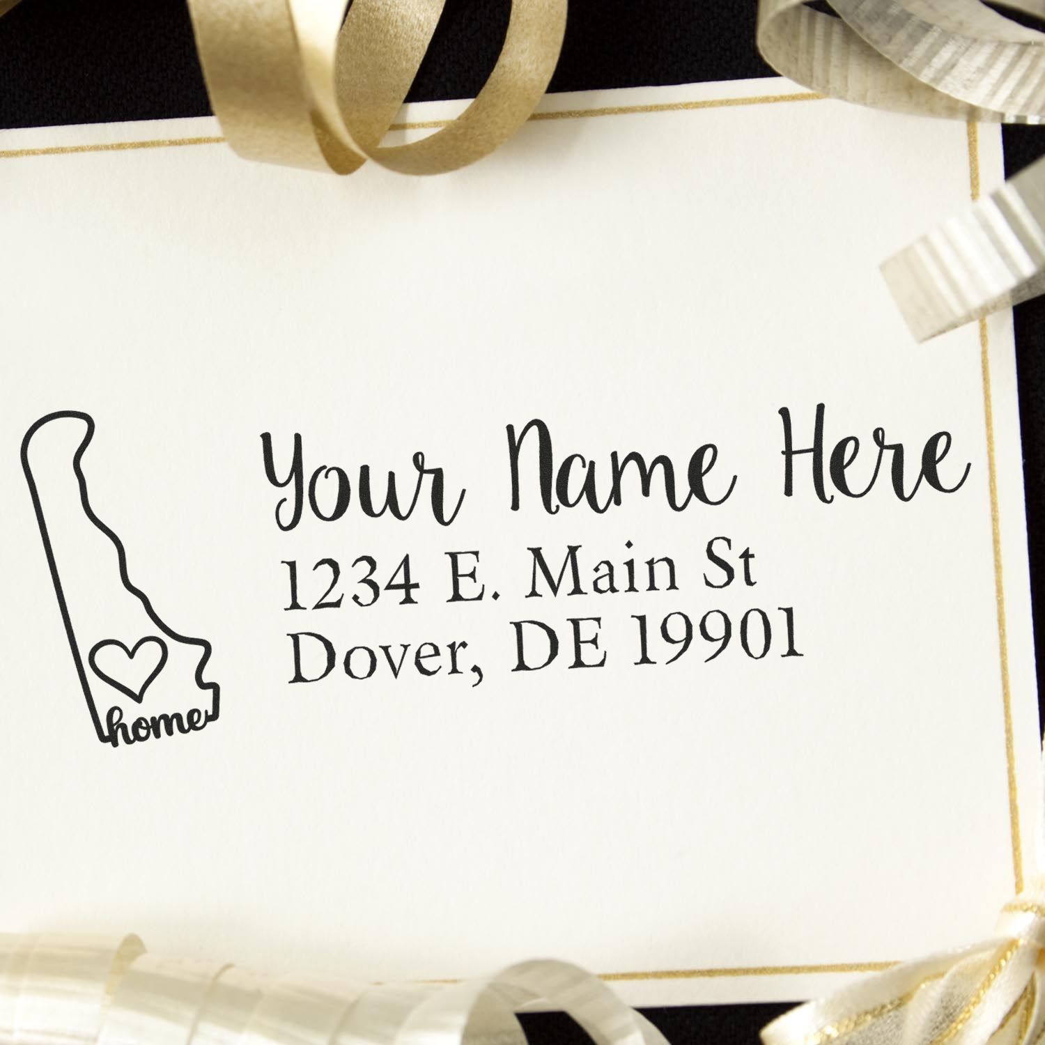 Custom return address rubber stamp with Delaware home outline, personalized name, and address