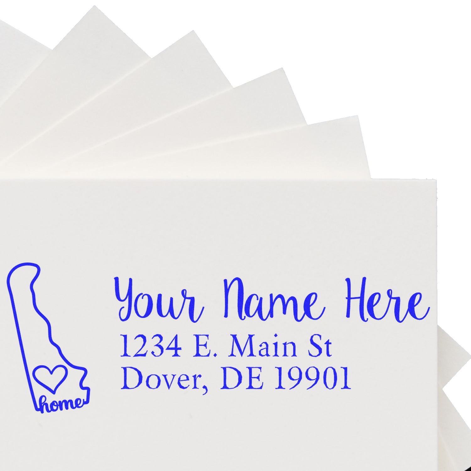 Custom return address rubber stamp with Delaware home outline, heart icon, and personalized name, street, city, and ZIP.