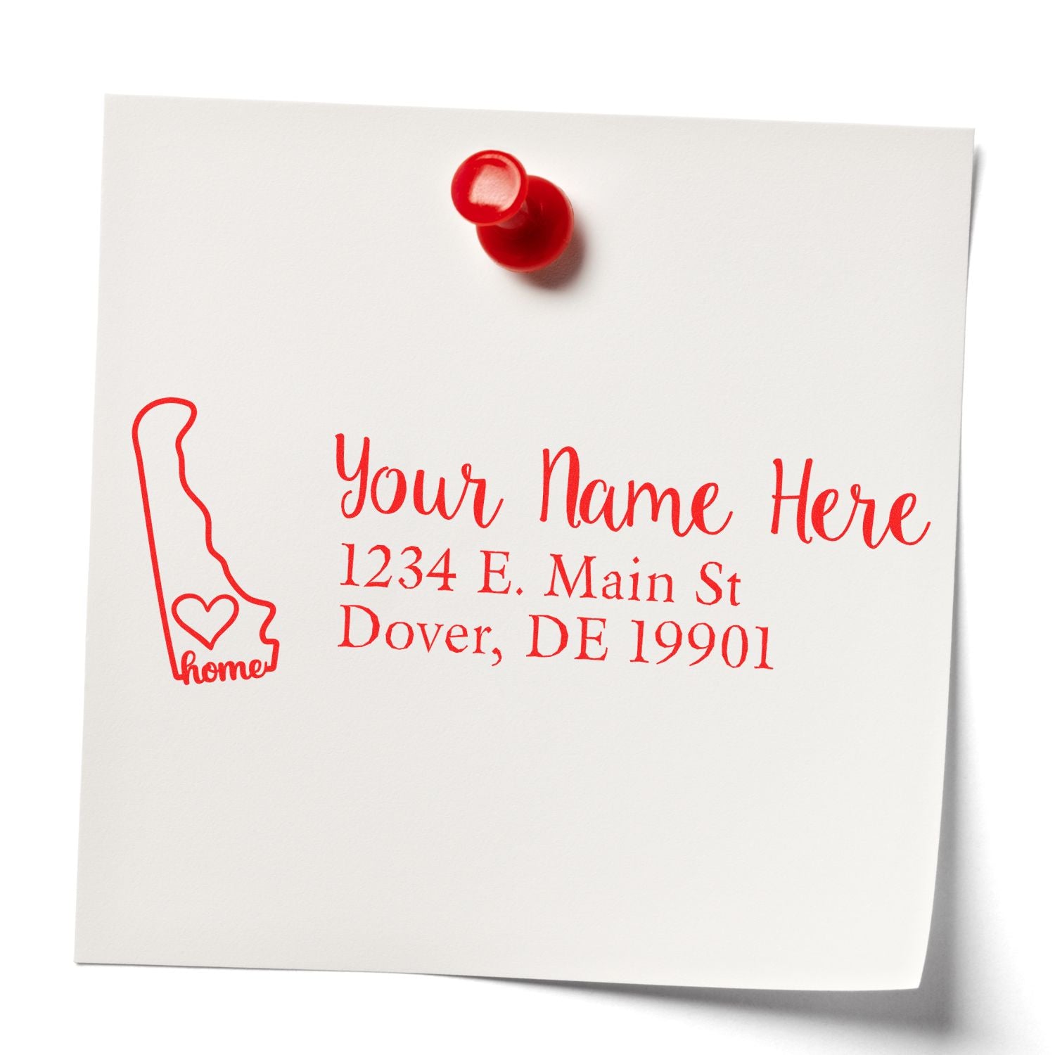 Personalized rubber address stamp with home icon and custom name, street address, and Delaware ZIP code in red ink.