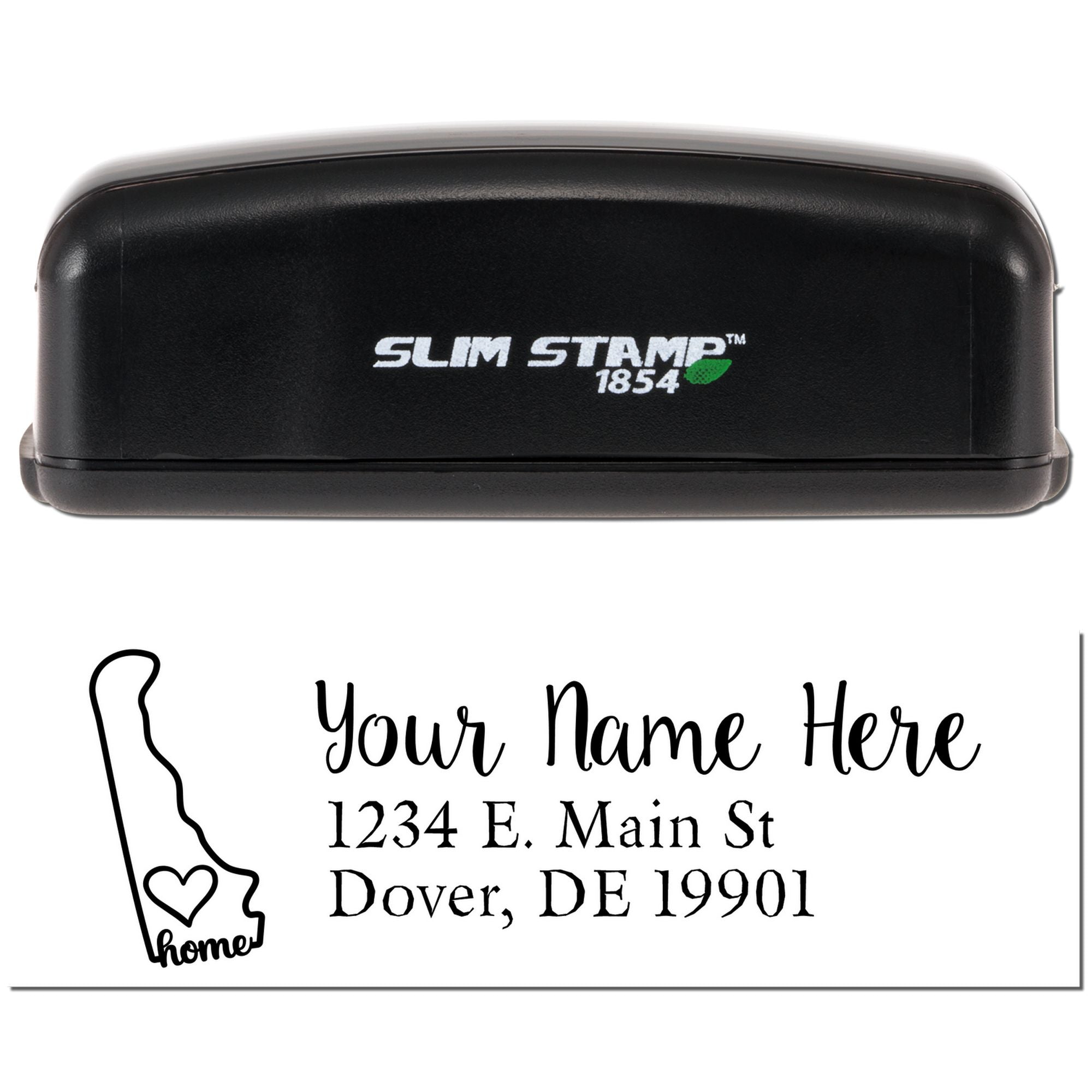 Slim Stamp 1854 self-inking rubber stamp with custom personalized name and address design for home mailing labels.