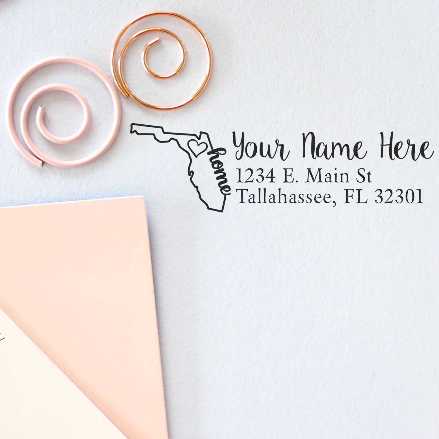 Personalized Florida return address rubber stamp with name, street address, and Tallahassee, FL 32301