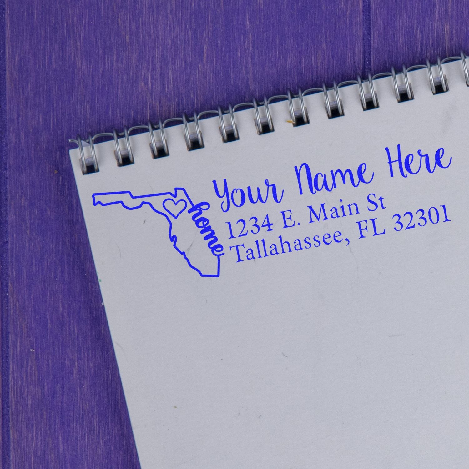 Custom Florida return address rubber stamp with personalized name, home icon, and Tallahassee mailing address.
