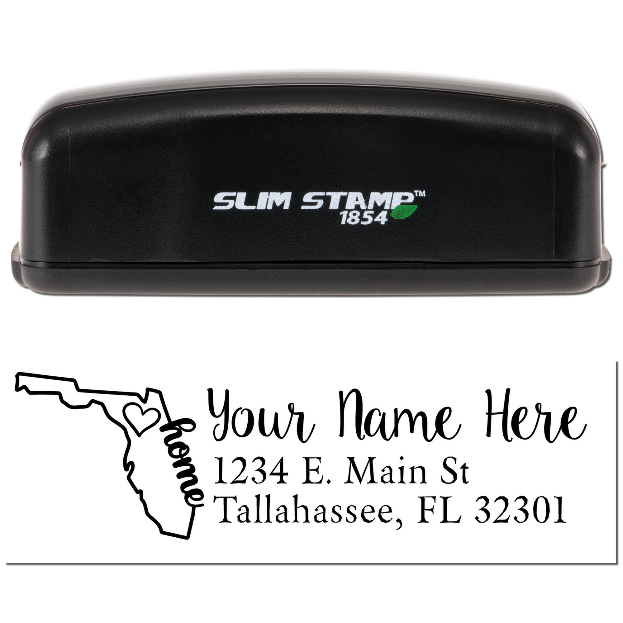 Custom Florida address rubber stamp with Slim Stamp 1854 self-inking case and personalized name, Tallahassee, FL imprint.