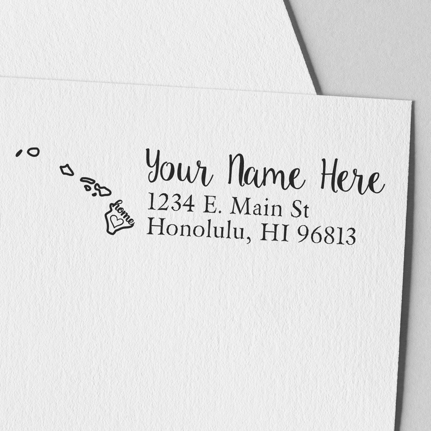 Custom rubber return address stamp with Hawaii map accent, personalized name, and address for envelopes and mailings.