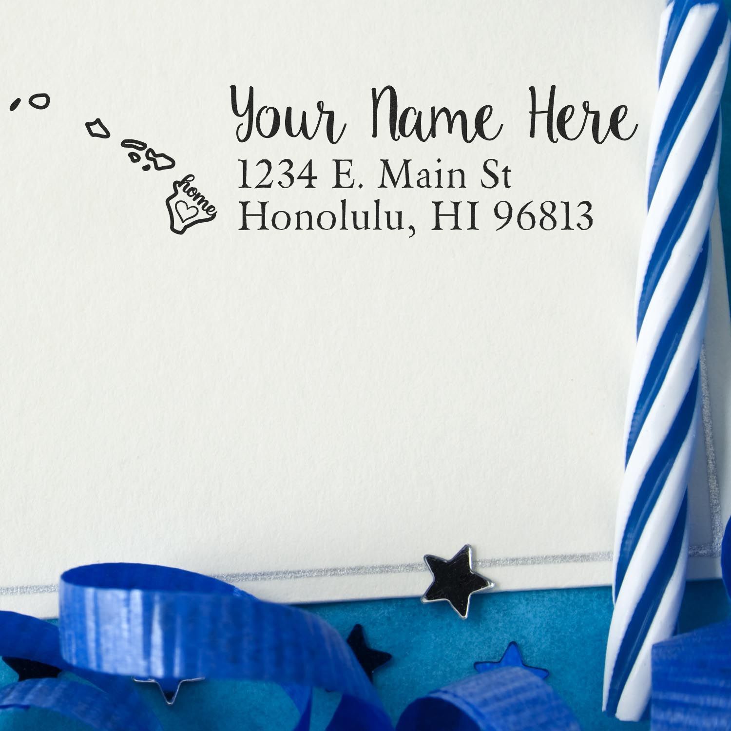 Personalized return address rubber stamp with name and Honolulu, HI address for custom envelopes and stationery.