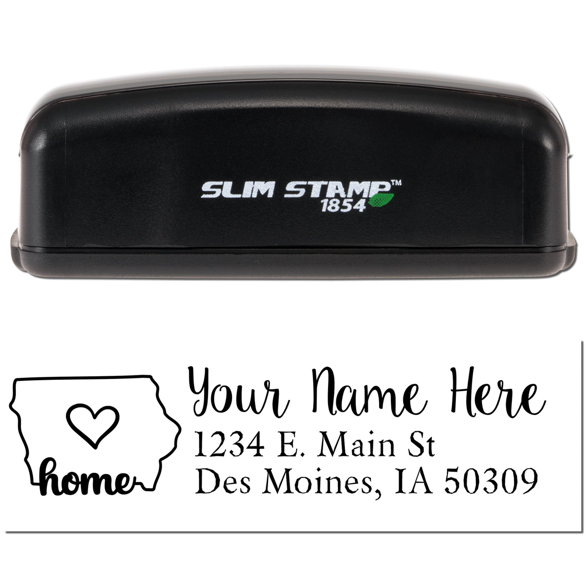 Slim Stamp 1854 self-inking rubber stamp with custom Iowa home return address design for personalized mail.