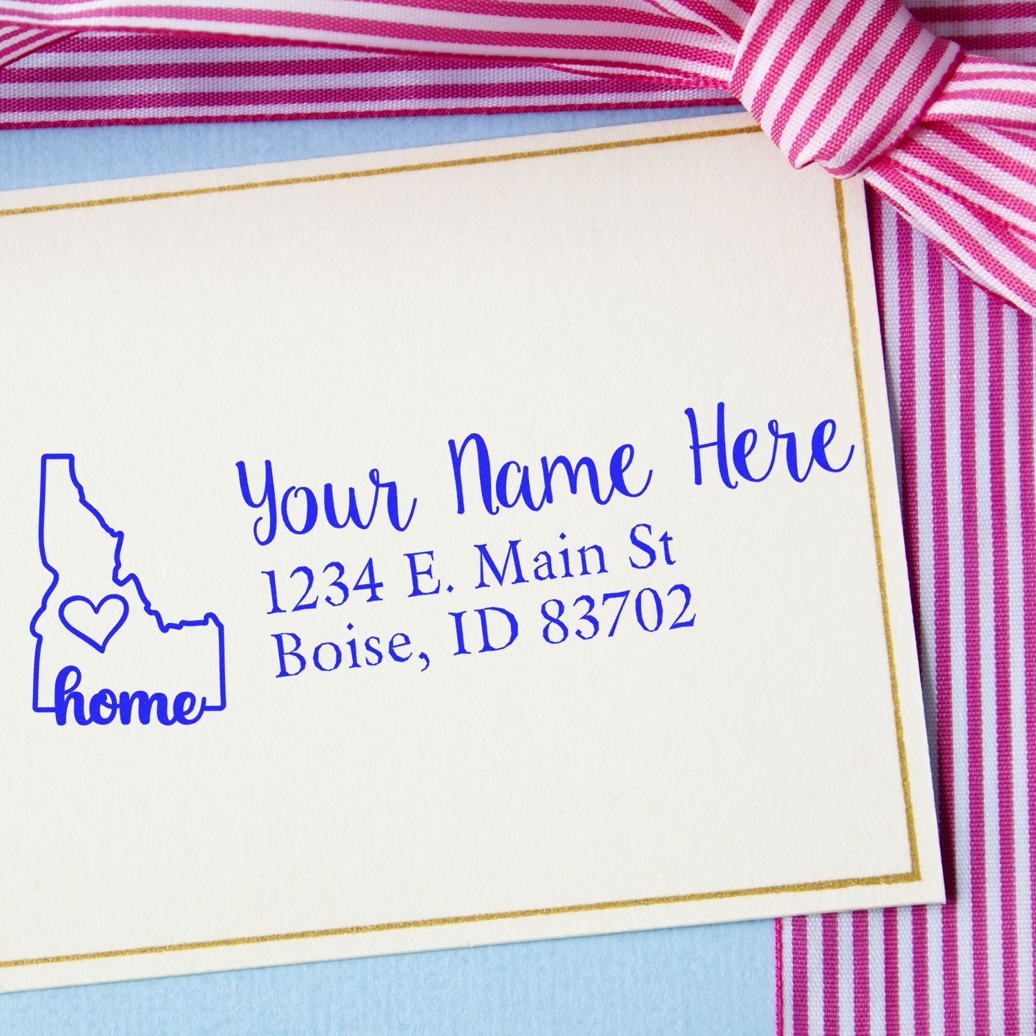 Custom return address stamp with home icon, name, and Boise, Idaho address for stationery, envelopes, and mailings.