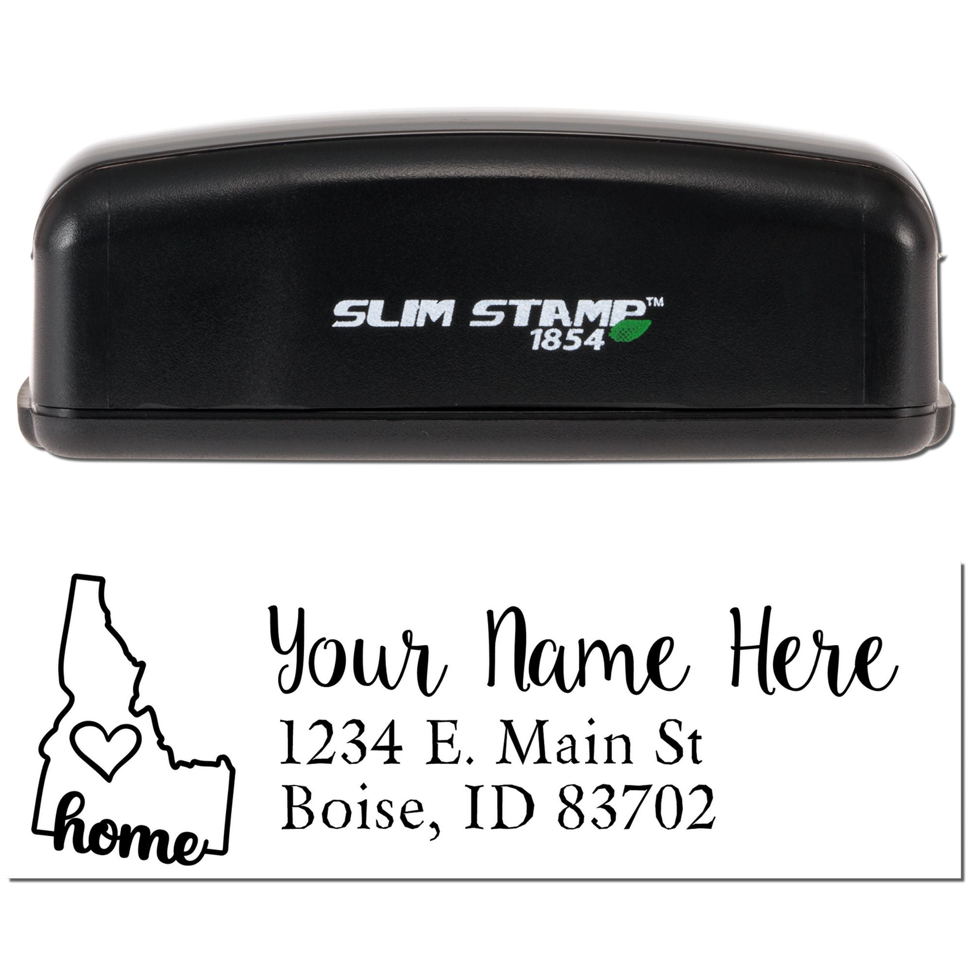 Custom self-inking rubber address stamp with Idaho home design, personalized name, street address, city, and ZIP code.