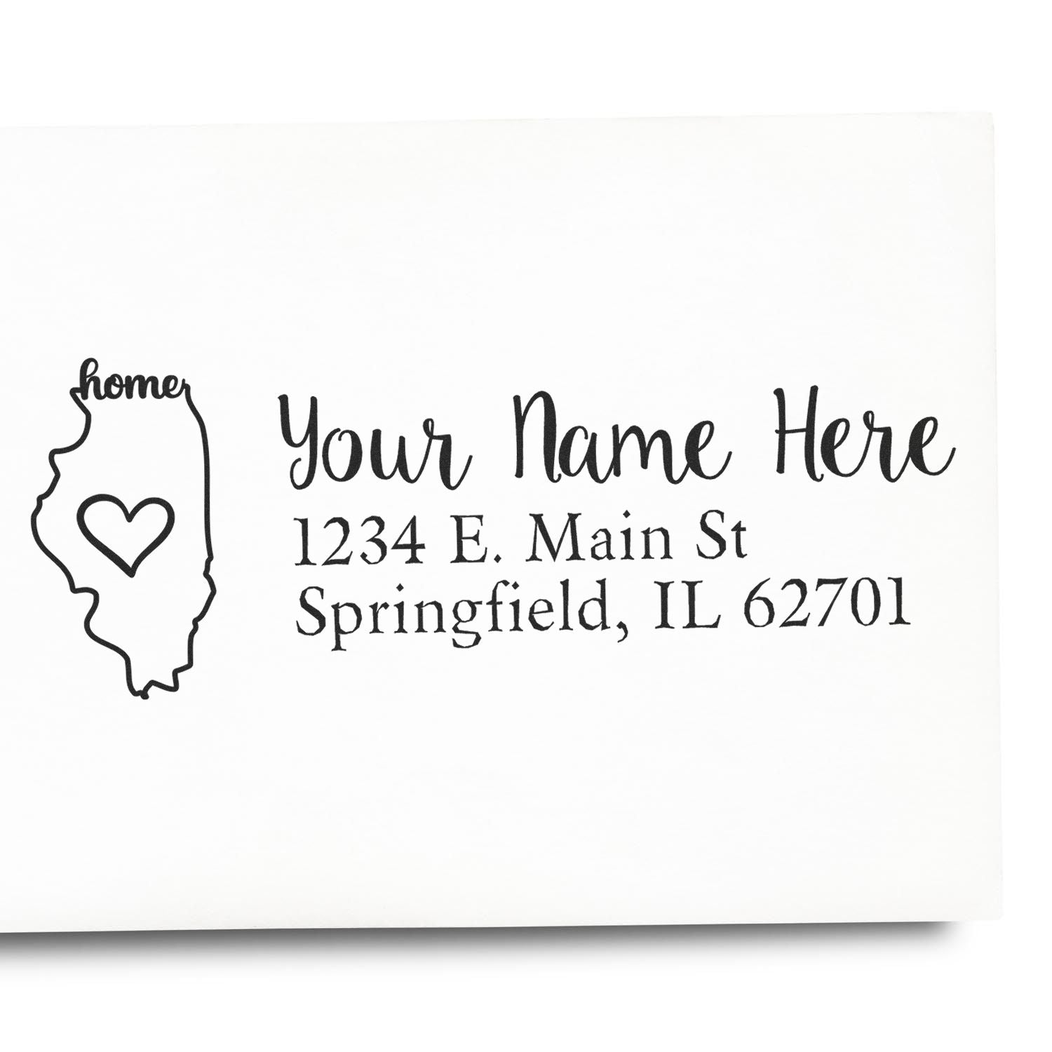 Custom return address rubber stamp with Illinois outline, heart icon, and personalized name and address.