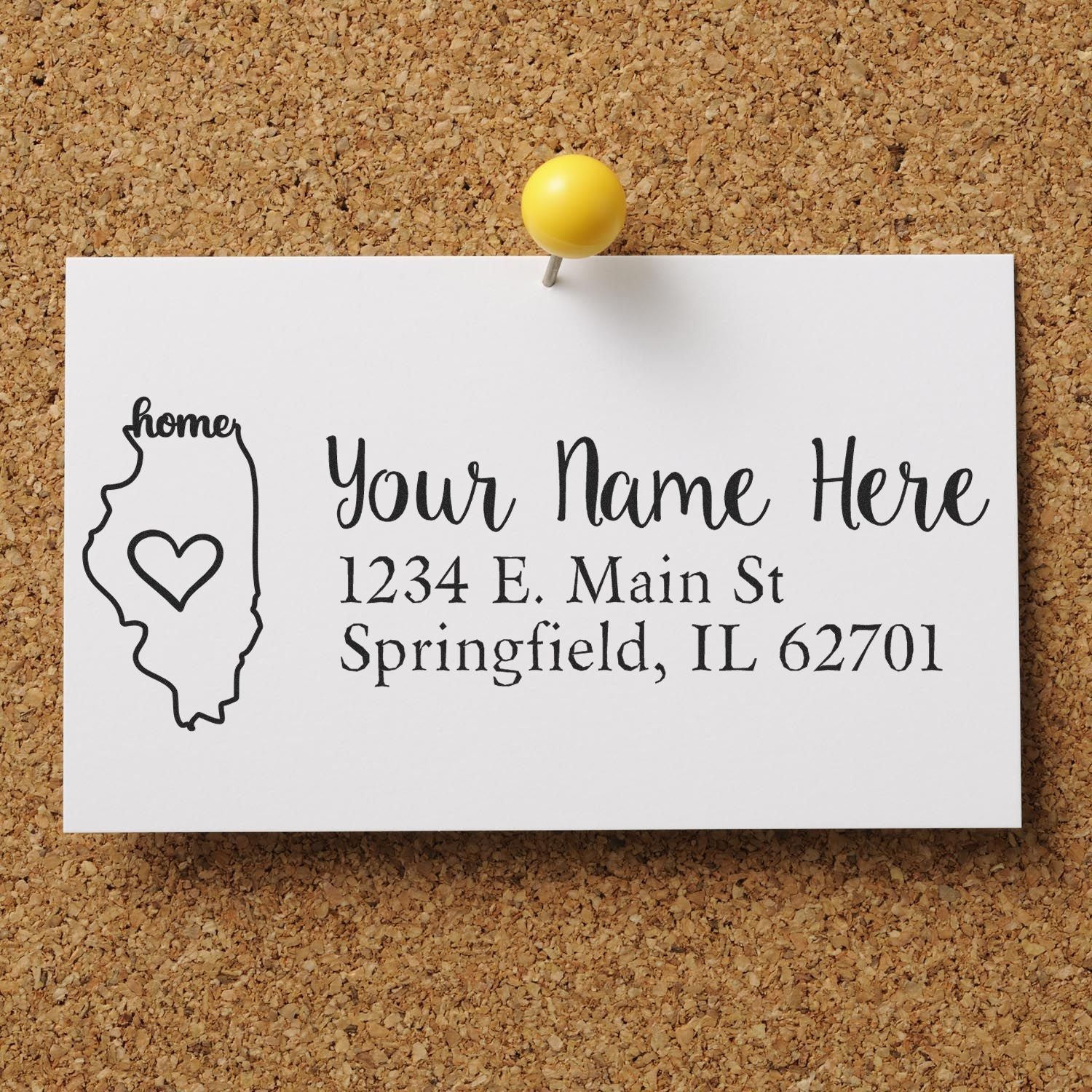 Personalized Illinois return address rubber stamp with heart icon, name, and Springfield, IL address.